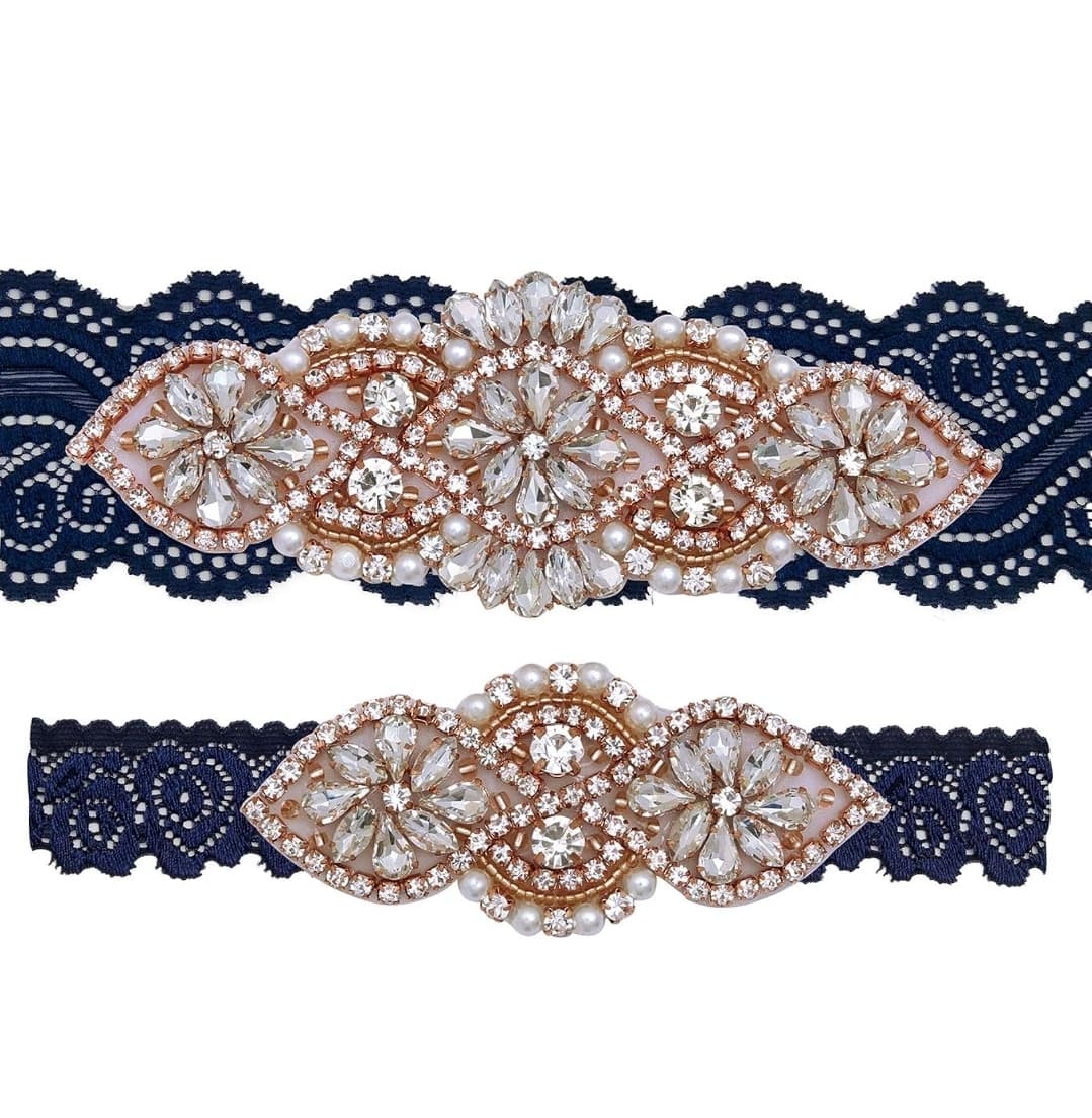 Bridal Rhinestone Lace Garter Set Wedding Accessories Elegant NIB Blue - Large - Thumbnail 7