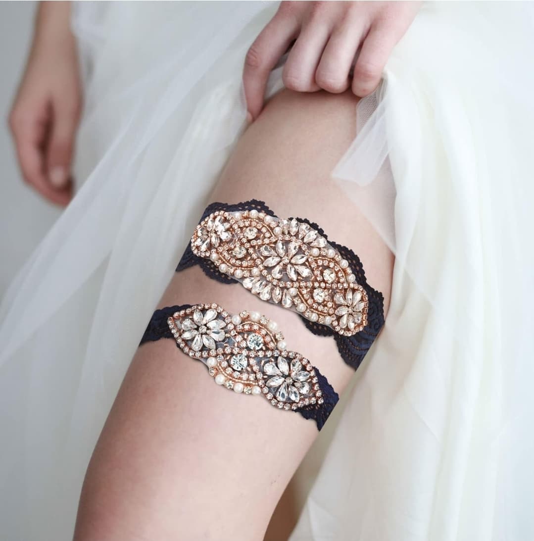 Bridal Rhinestone Lace Garter Set Wedding Accessories Elegant NIB Blue - Large - Thumbnail 6