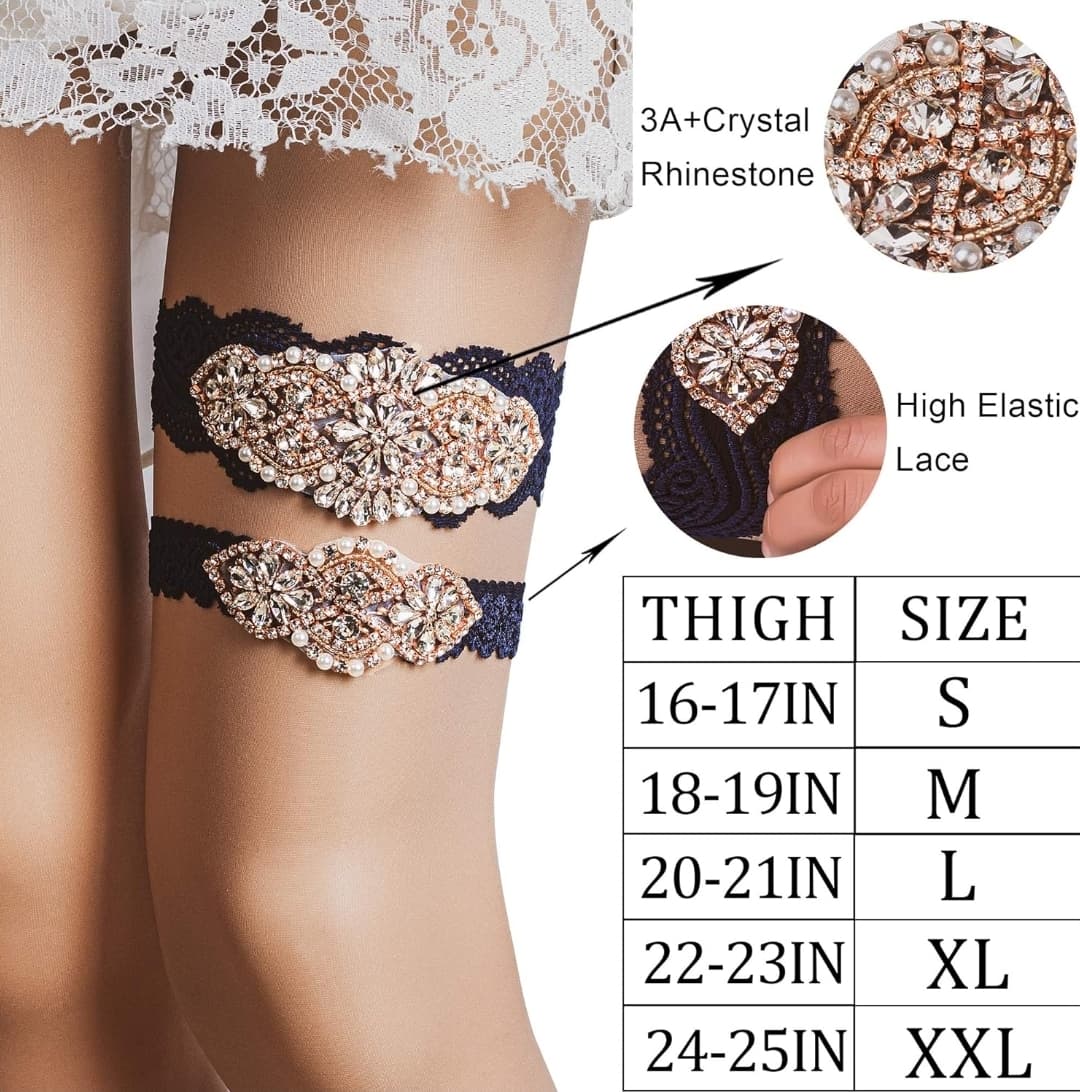 Bridal Rhinestone Lace Garter Set Wedding Accessories Elegant NIB Blue - Large - Thumbnail 5