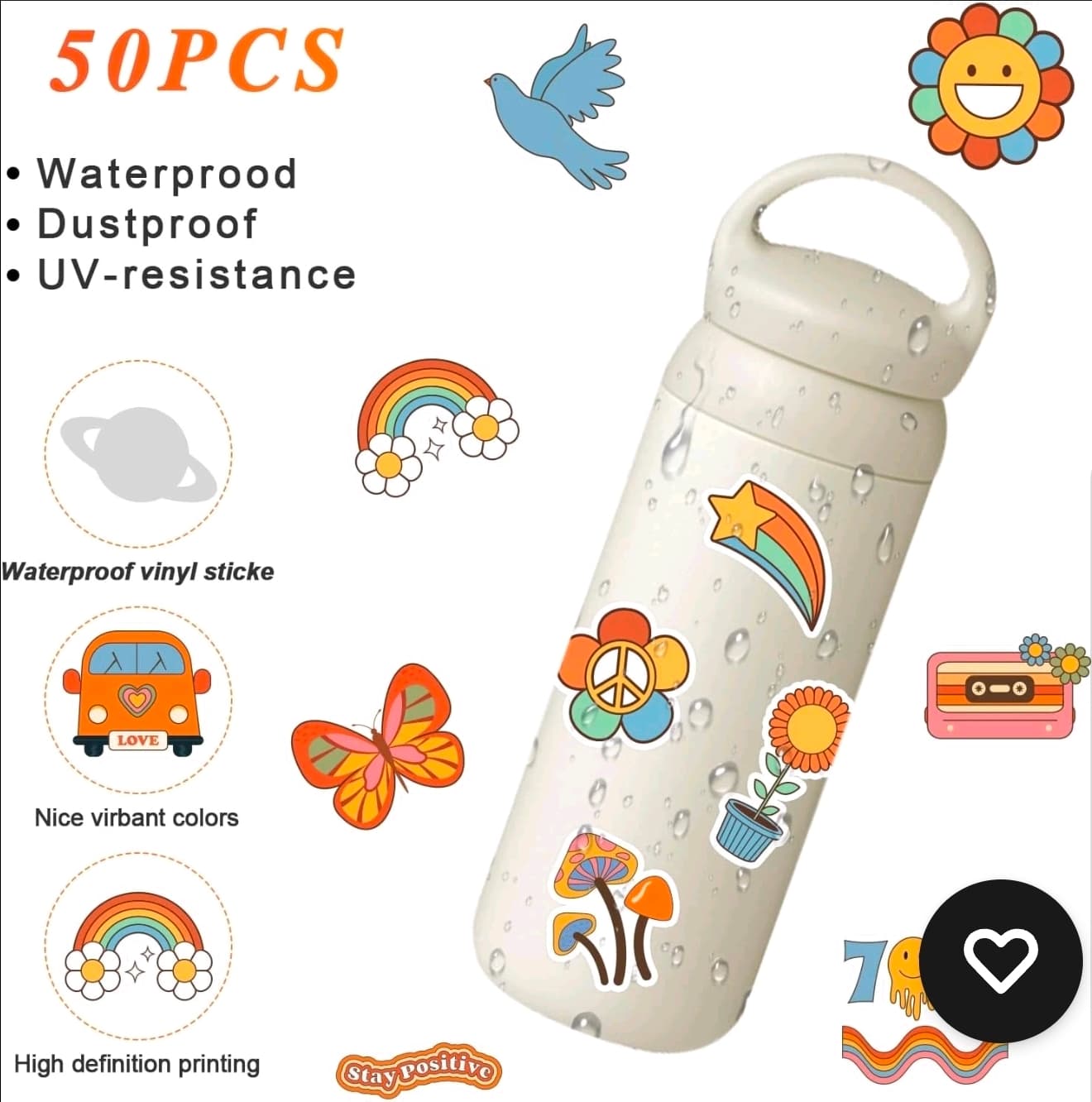 70s Retro Vinyl Stickers Pack 50pcs Waterproof Decals NIB 50 Pcs - Thumbnail 6