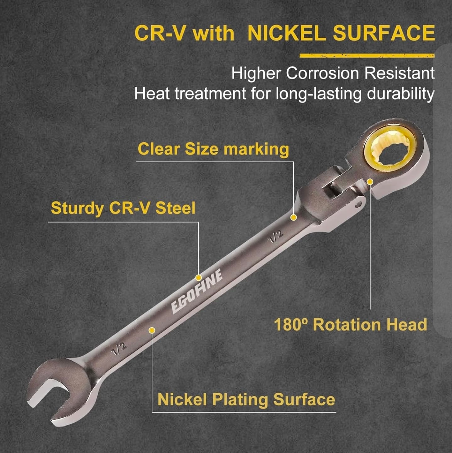 Egofine 1/2 Inch Ratchet Wrench 72-Tooth CR-V Steel Nickel Plated NIB - Thumbnail 3