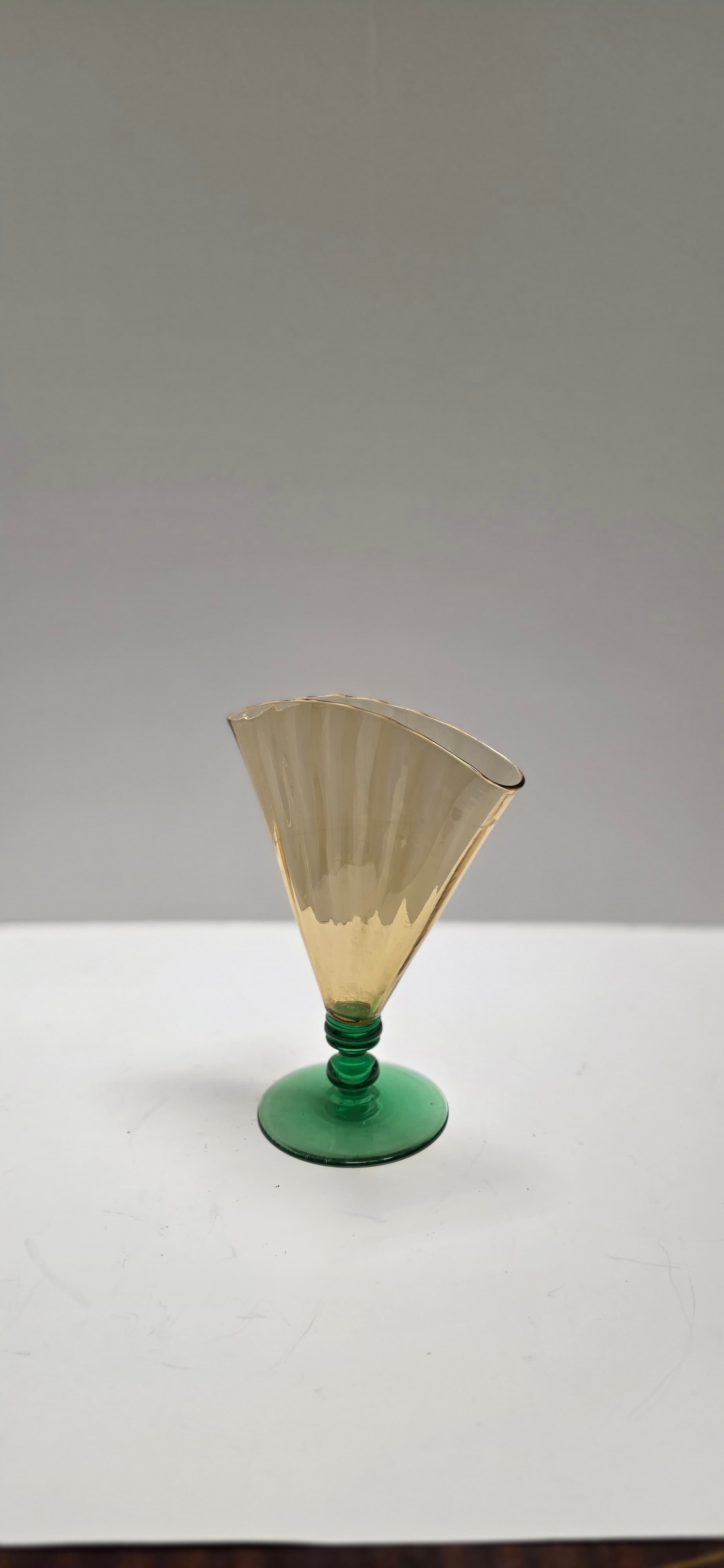 Vintage Steuben Art Glass Fan Vase 6287 Amber Optic Ribbed Pomona Green Foot Dec - Thumbnail 6
