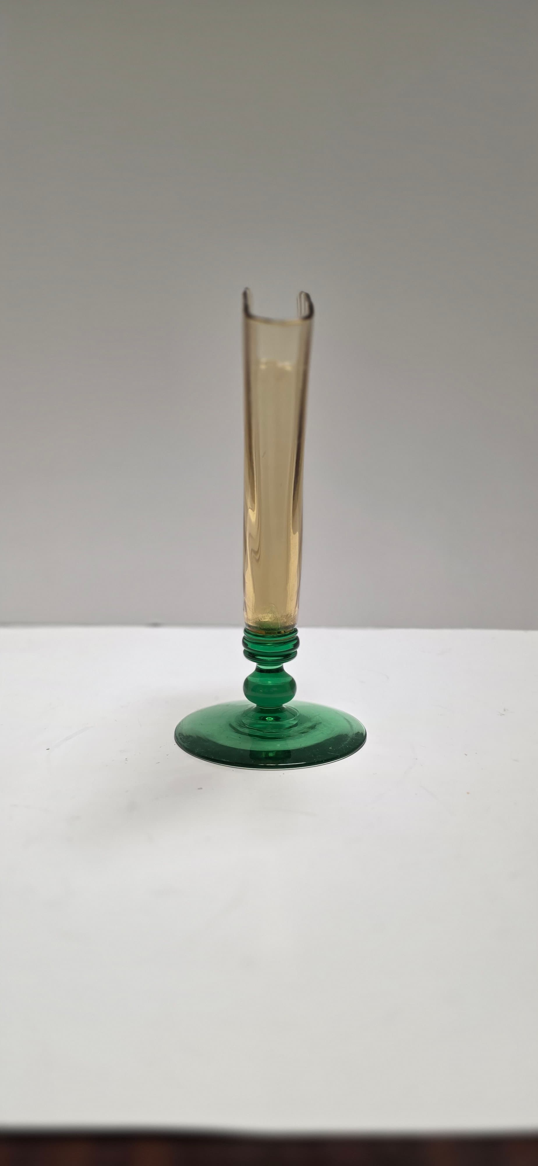 Vintage Steuben Art Glass Fan Vase 6287 Amber Optic Ribbed Pomona Green Foot Dec - Thumbnail 7