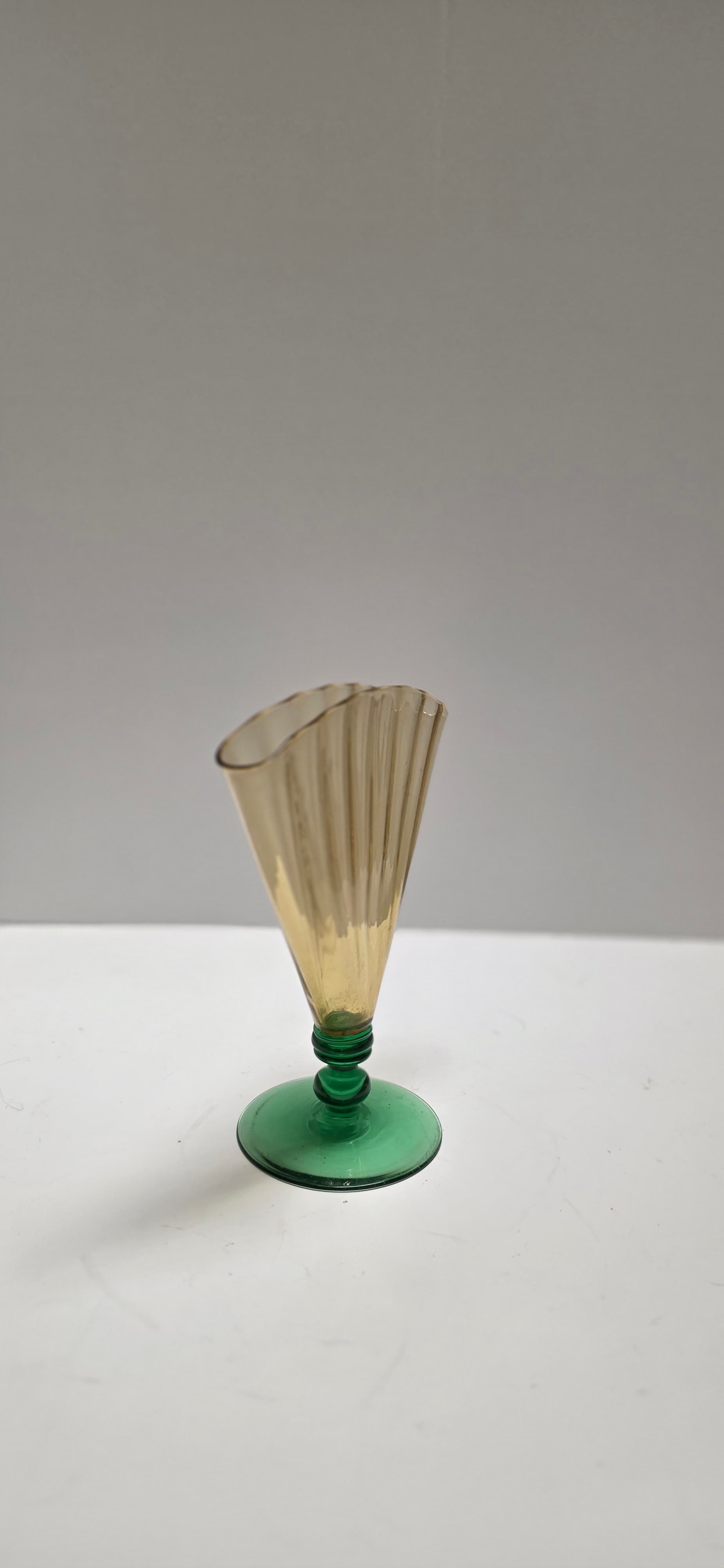 Vintage Steuben Art Glass Fan Vase 6287 Amber Optic Ribbed Pomona Green Foot Dec - Thumbnail 10