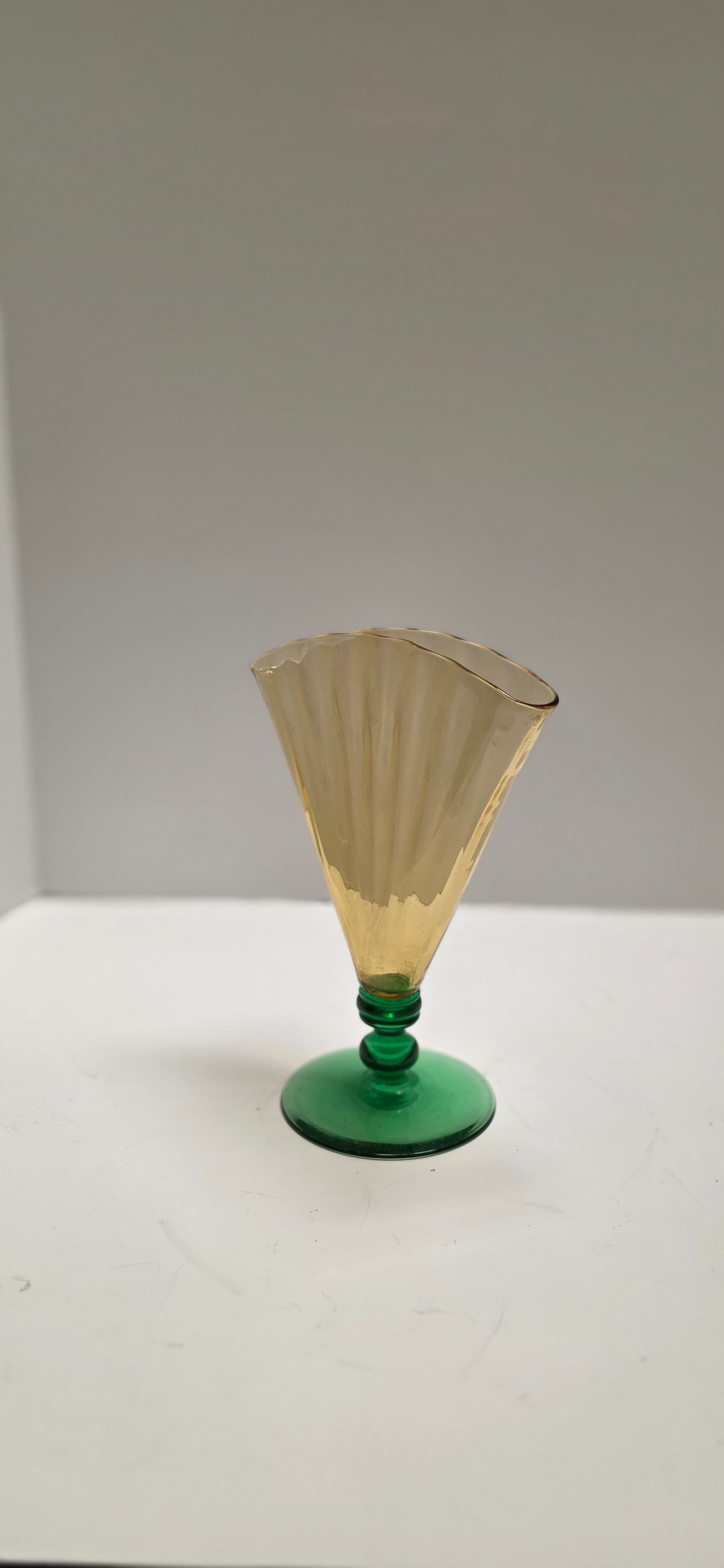 Vintage Steuben Art Glass Fan Vase 6287 Amber Optic Ribbed Pomona Green Foot Dec - Thumbnail 4