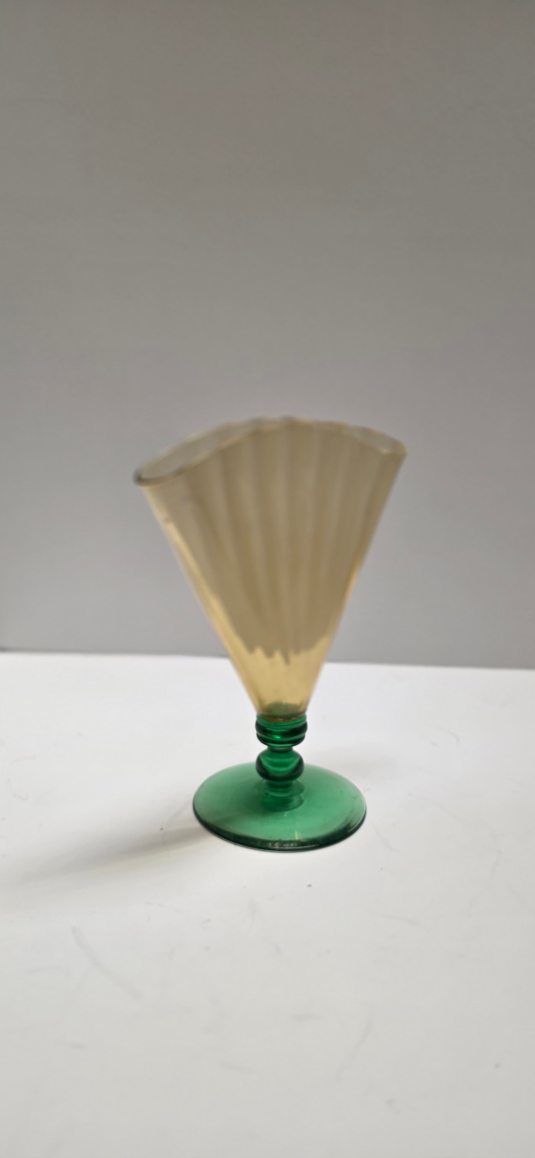 Vintage Steuben Art Glass Fan Vase 6287 Amber Optic Ribbed Pomona Green Foot Dec - Thumbnail 3