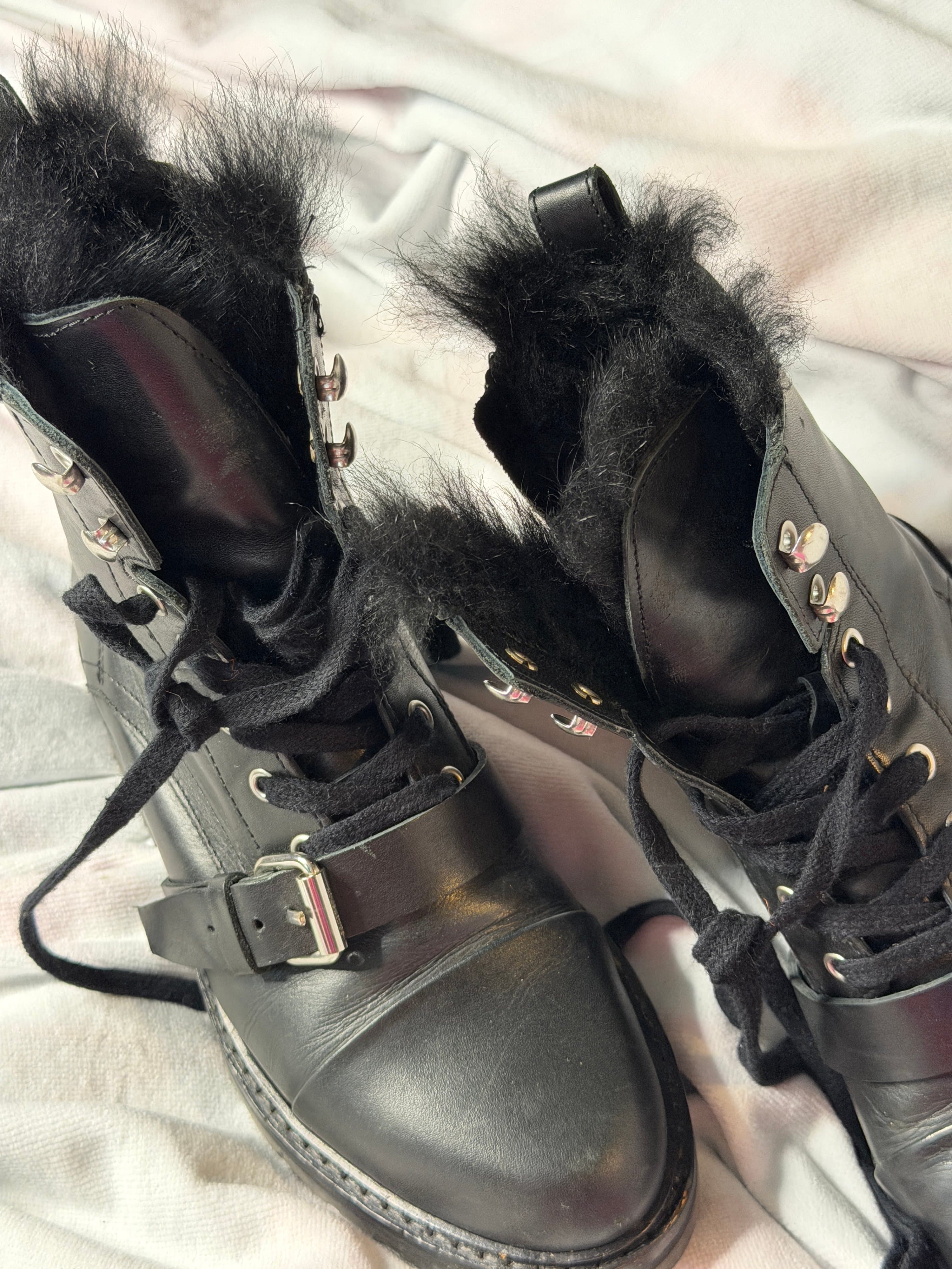 AllSaints Black Leather Fur‑Lined Combat Boots — Size 36