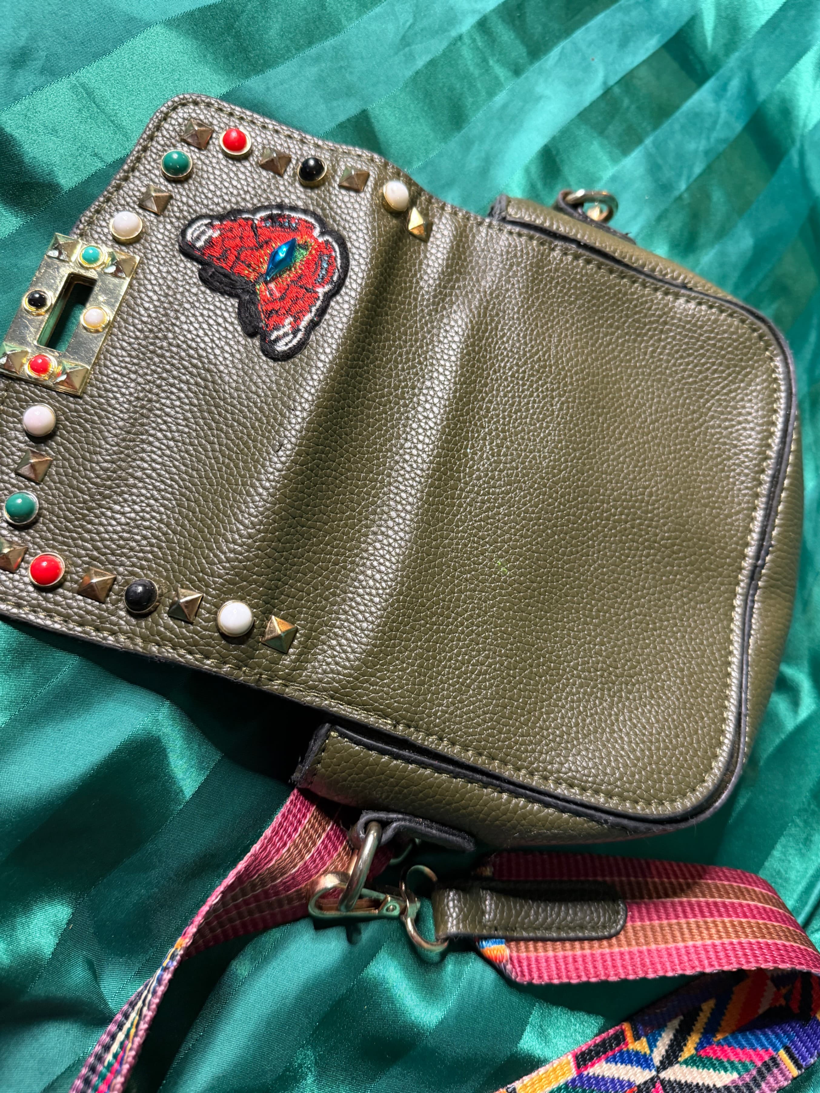 Y2K Boho Embroidered Butterfly Studded Crossbody Messenger Bag Olive Green - Thumbnail 6