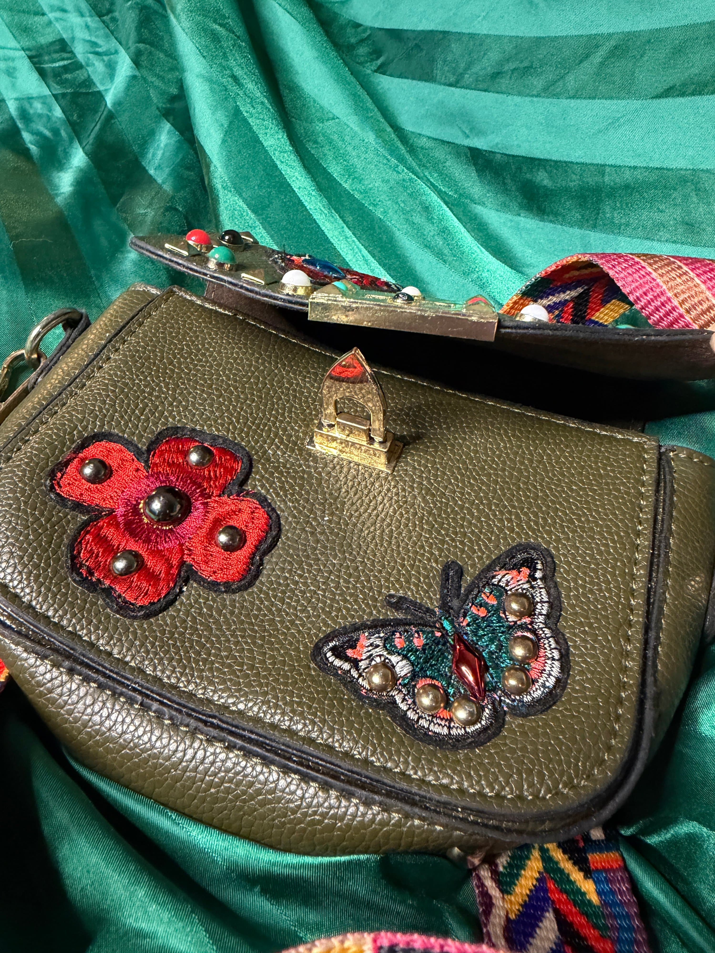 Y2K Boho Embroidered Butterfly Studded Crossbody Messenger Bag Olive Green - Thumbnail 3
