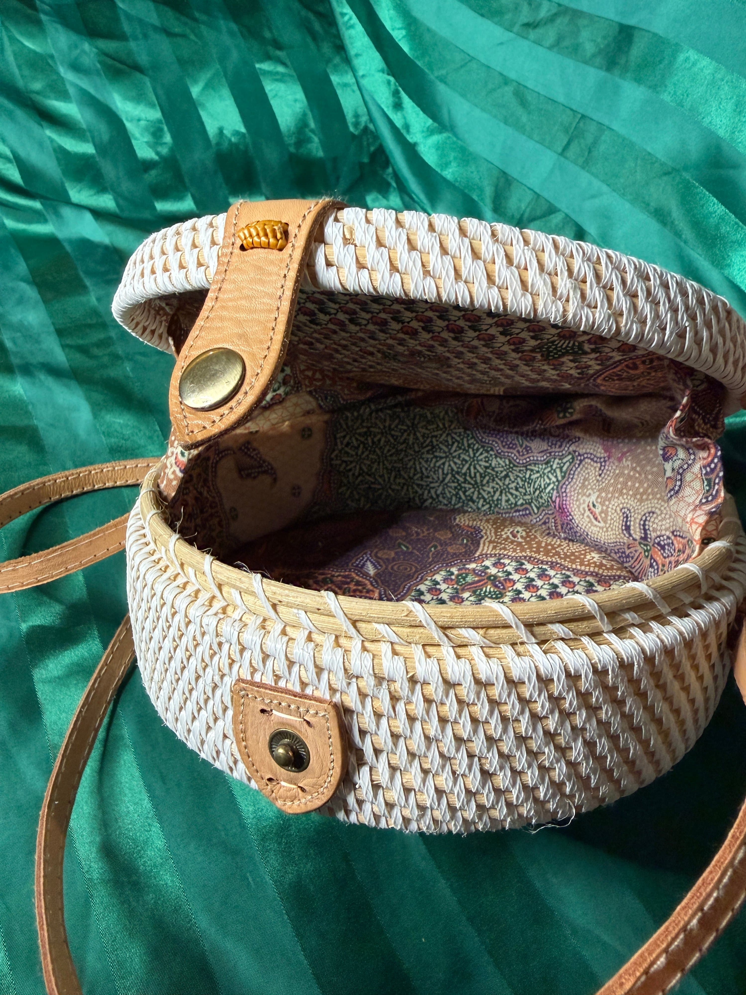 Authentic Bali Round Woven Rattan Crossbody Bag White Tan Batik Lined - Thumbnail 2