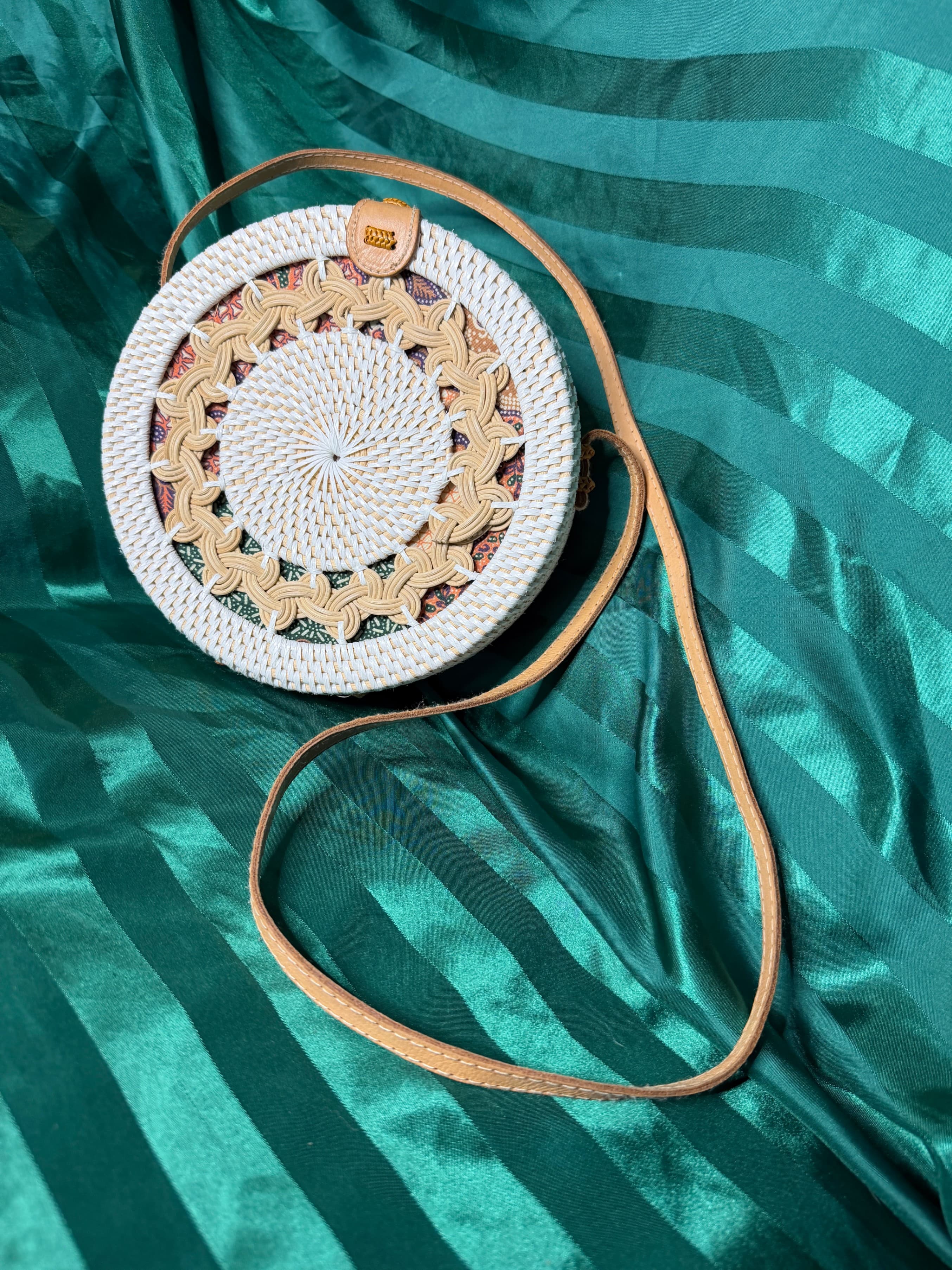 Authentic Bali Round Woven Rattan Crossbody Bag White Tan Batik Lined