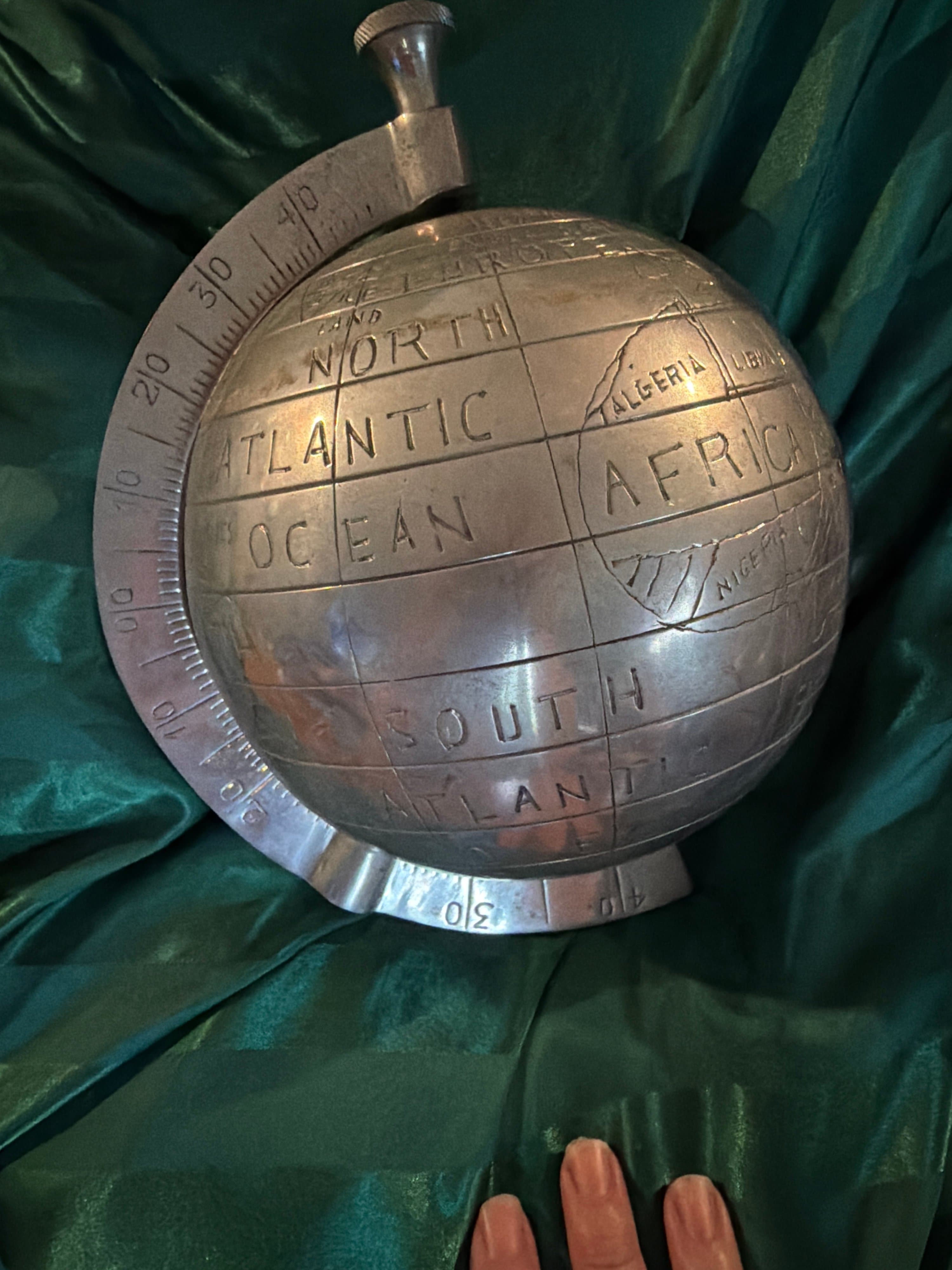 Vintage Metal Globe with Engraved Continents and Oceans