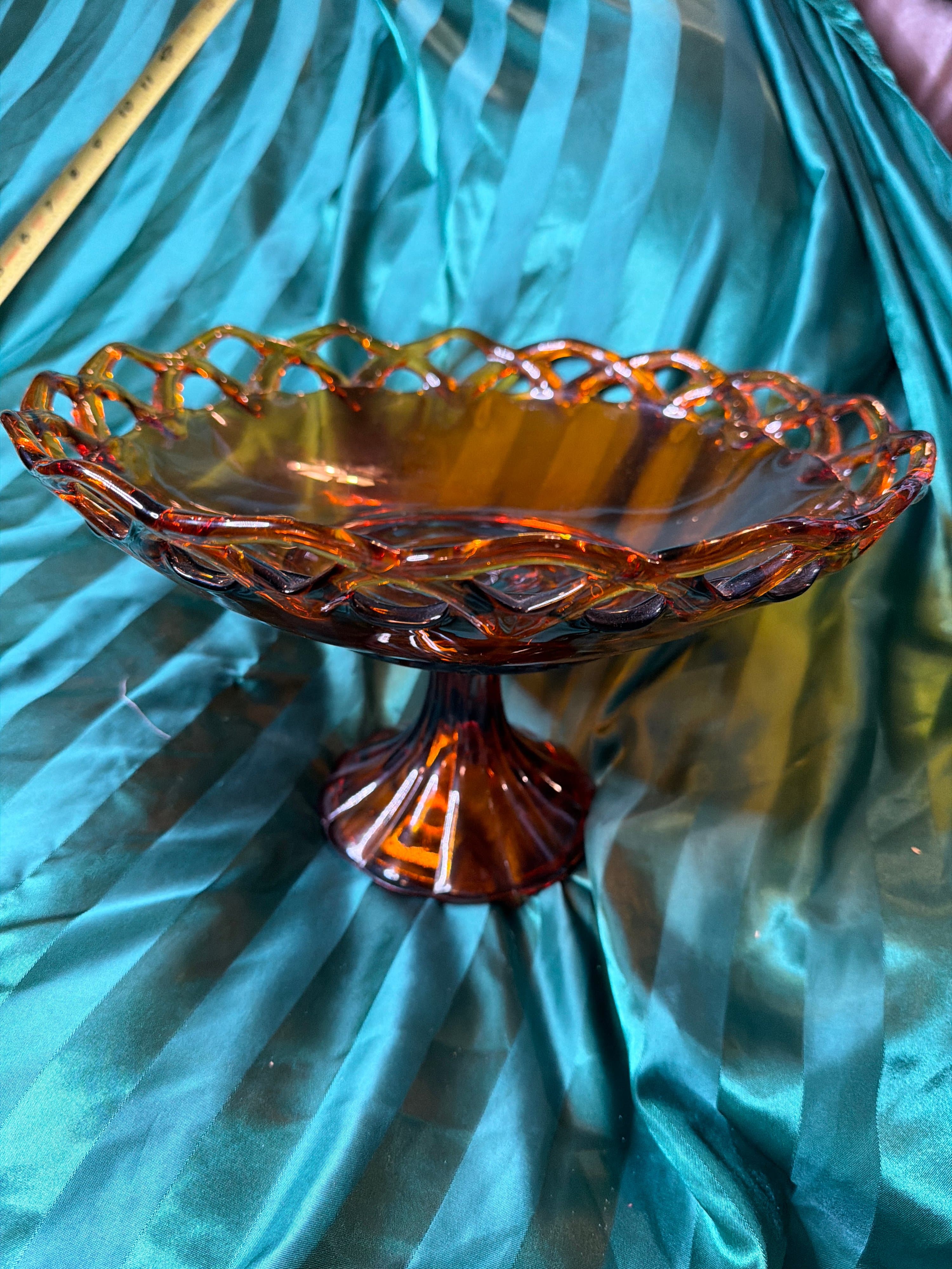 Vintage Amber Glass Pedestal Bowl with Open Lace Edge - Thumbnail 2