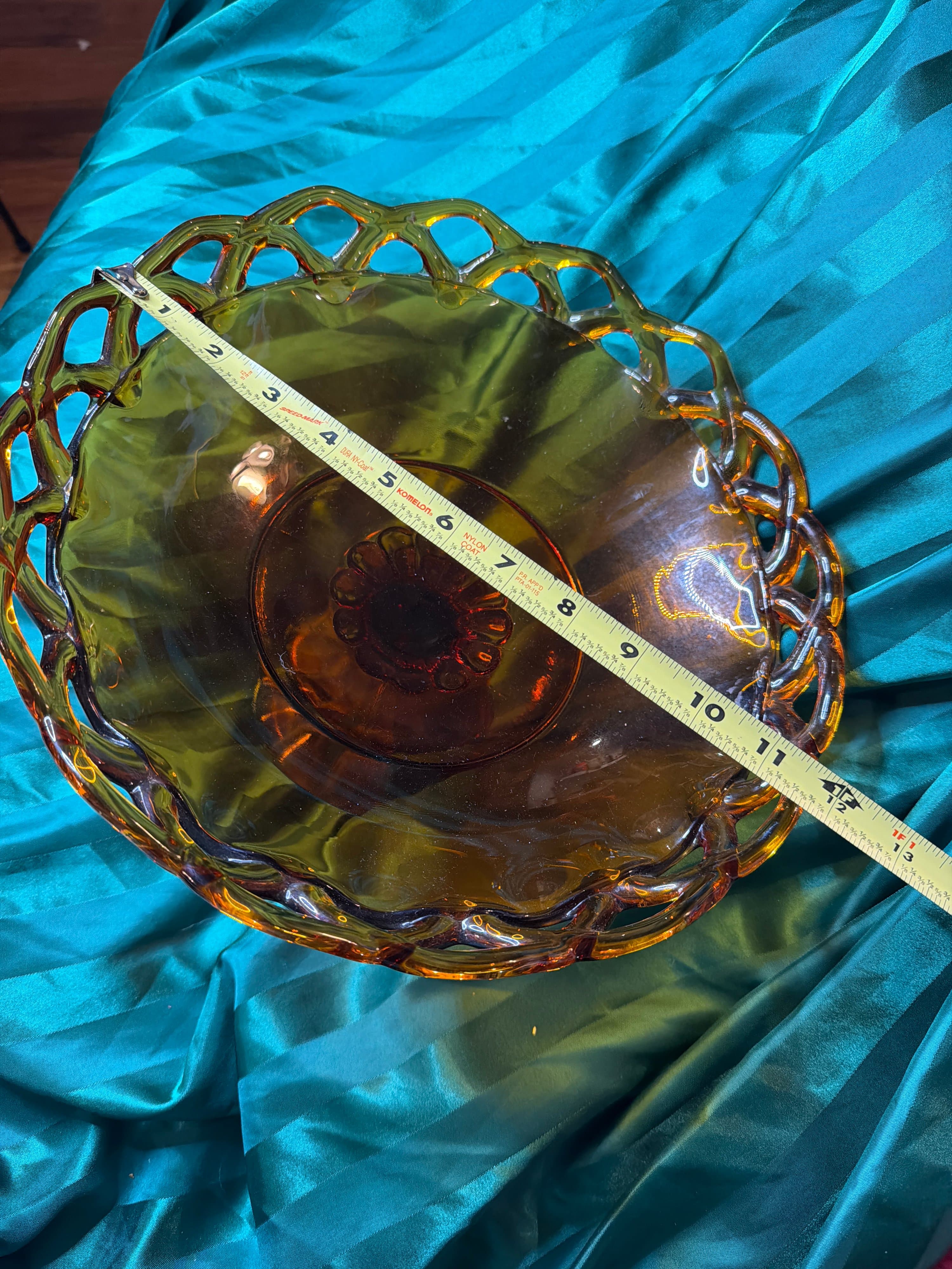 Vintage Amber Glass Pedestal Bowl with Open Lace Edge