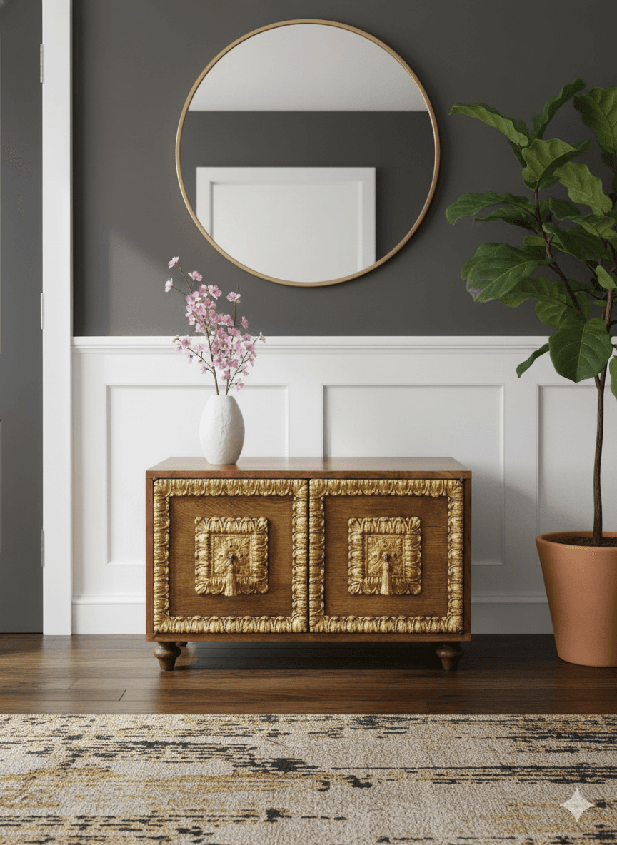 Hollywood Regency Walnut & Gilt Storage Coffee Table | Neoclassical Mid-Century Commode - Thumbnail 10