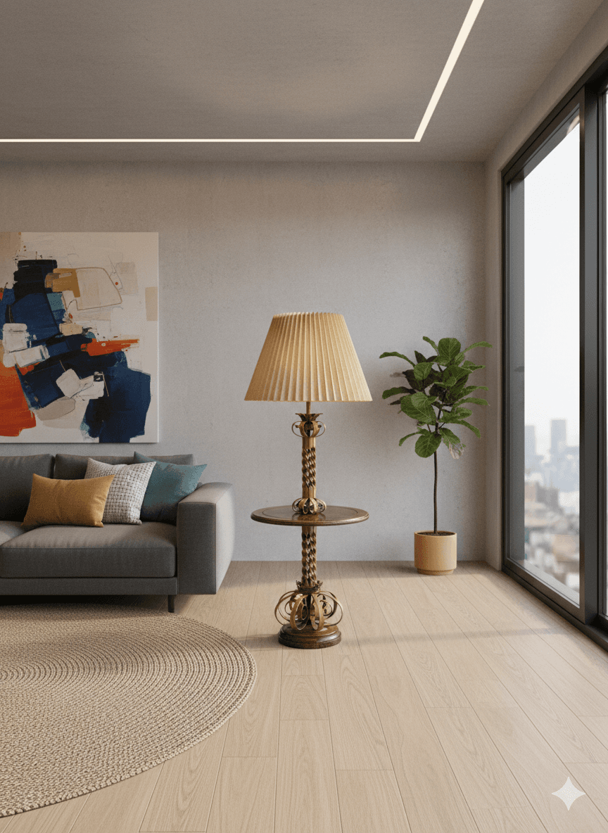 Vintage Hollywood Regency Floor Lamp Table – Gold Barley Twist, Integrated Side Table - Thumbnail 11