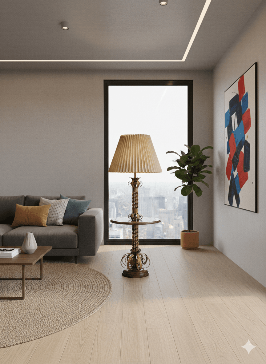 Vintage Hollywood Regency Floor Lamp Table – Gold Barley Twist, Integrated Side Table - Thumbnail 10