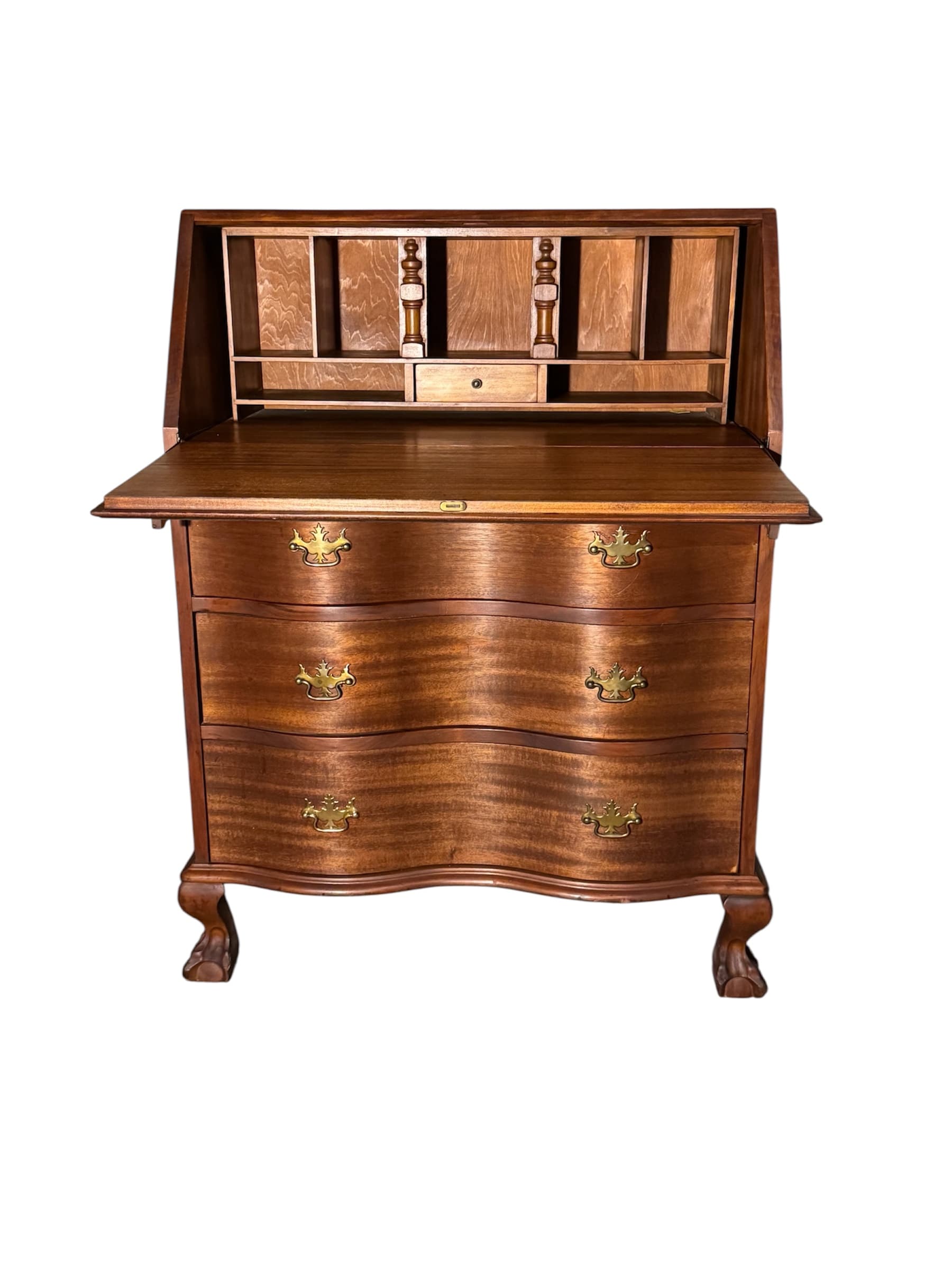 Vintage Mahogany Chippendale Style Secretary Desk – Ball & Claw Feet – Colonial Revival Drop Front Writing Desk - Image 1