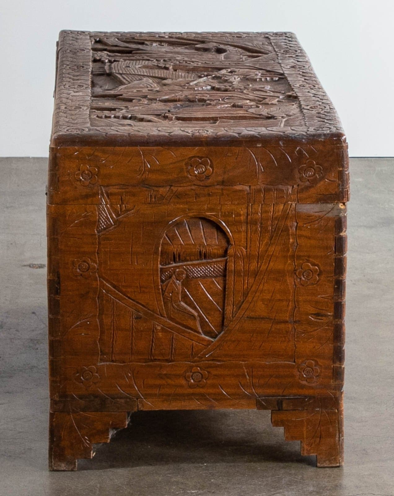 Vintage Chinoise Hand-Carved Wood Storage Trunk - Thumbnail 4