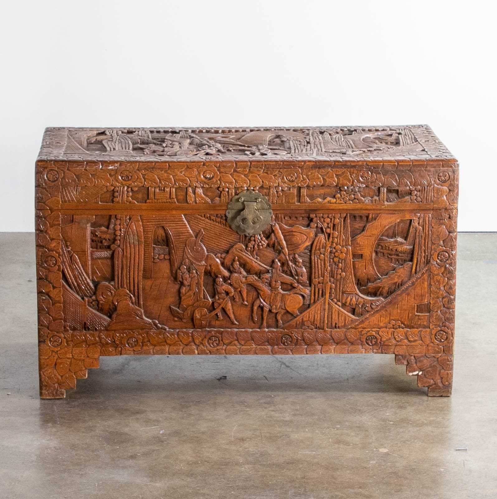 Vintage Chinoise Hand-Carved Wood Storage Trunk - Image 1