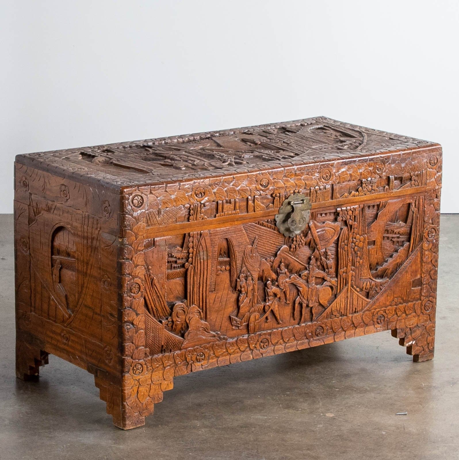 Vintage Chinoise Hand-Carved Wood Storage Trunk - Thumbnail 2