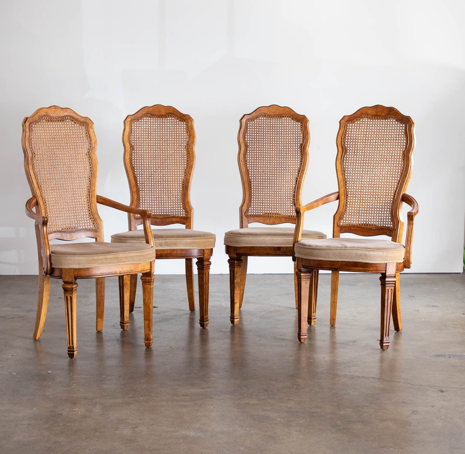 Solid Walnut Vintage Cane Chairs with Upholstered Seats (Set of 4) - Image 1