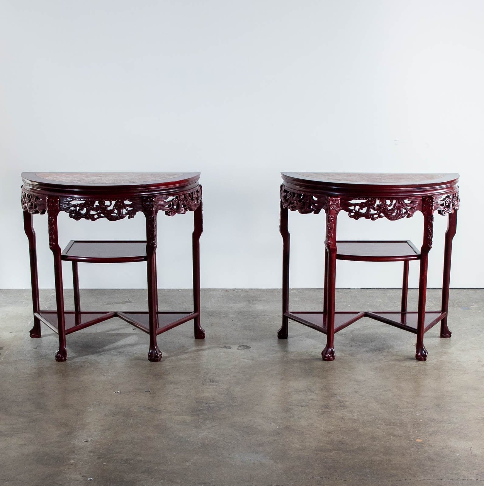 Rosewood Side Tables w/ Shelves & Marble Top (Set of 2)