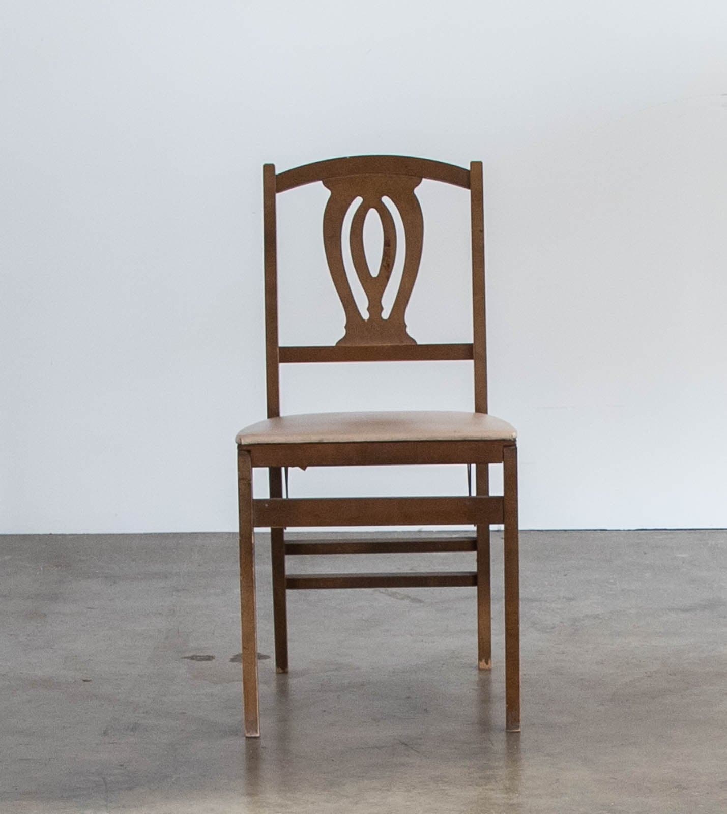 Vintage Mid-Century Stakmore Folding Chair w/ Wood Frame & Cushioned White Seat - Thumbnail 2