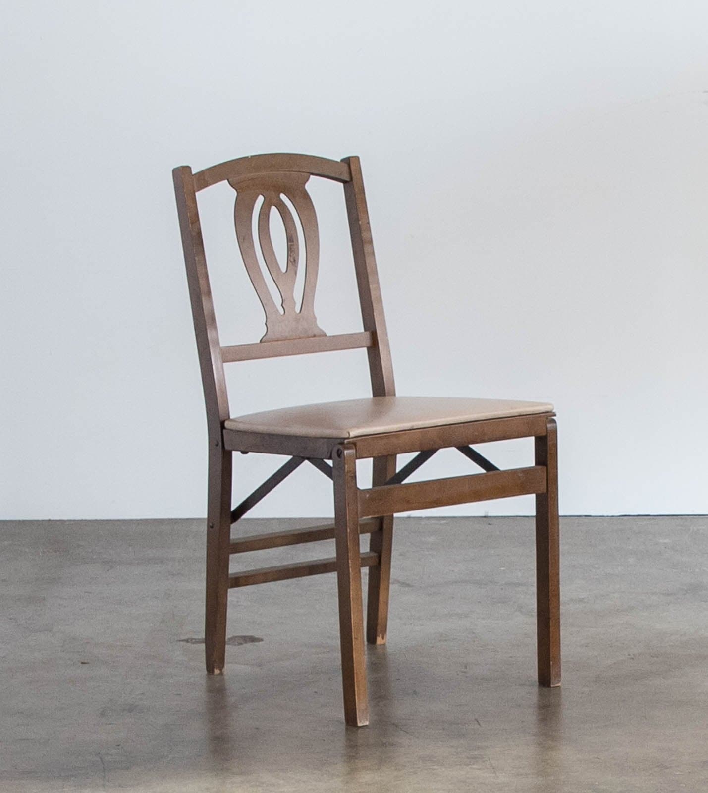 Vintage Mid-Century Stakmore Folding Chair w/ Wood Frame & Cushioned White Seat - Image 1