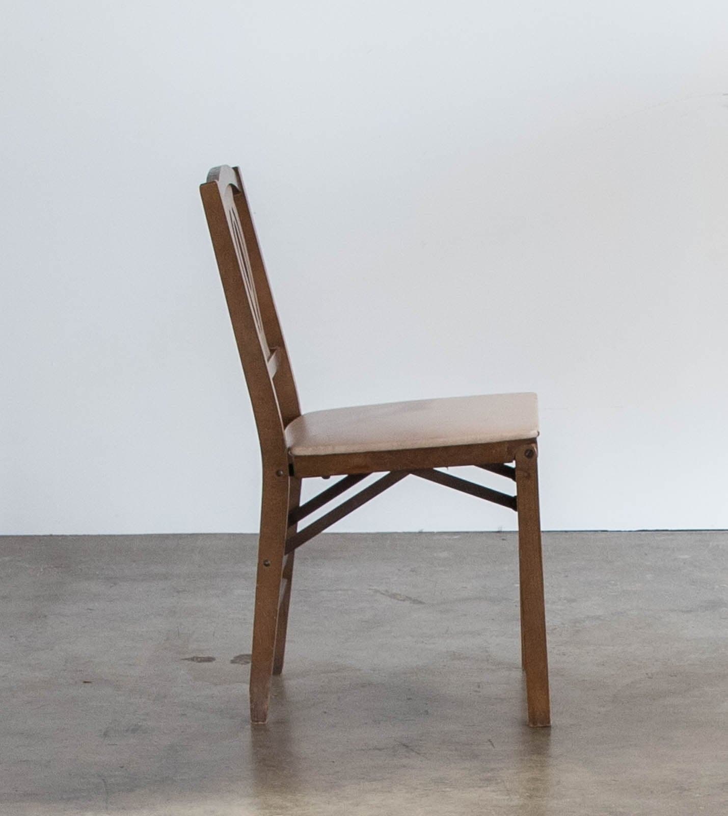 Vintage Mid-Century Stakmore Folding Chair w/ Wood Frame & Cushioned White Seat - Thumbnail 3