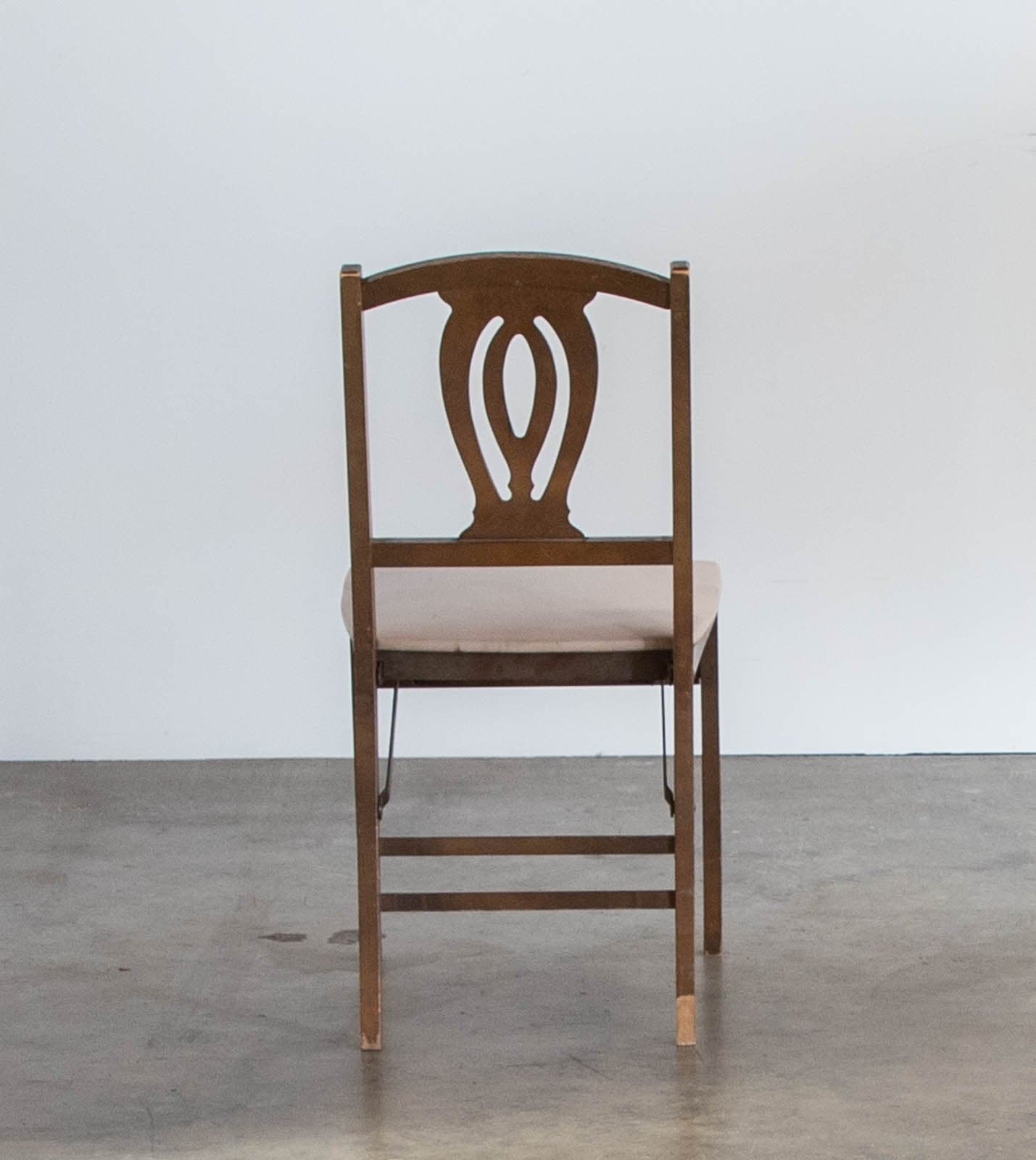 Vintage Mid-Century Stakmore Folding Chair w/ Wood Frame & Cushioned White Seat - Thumbnail 4