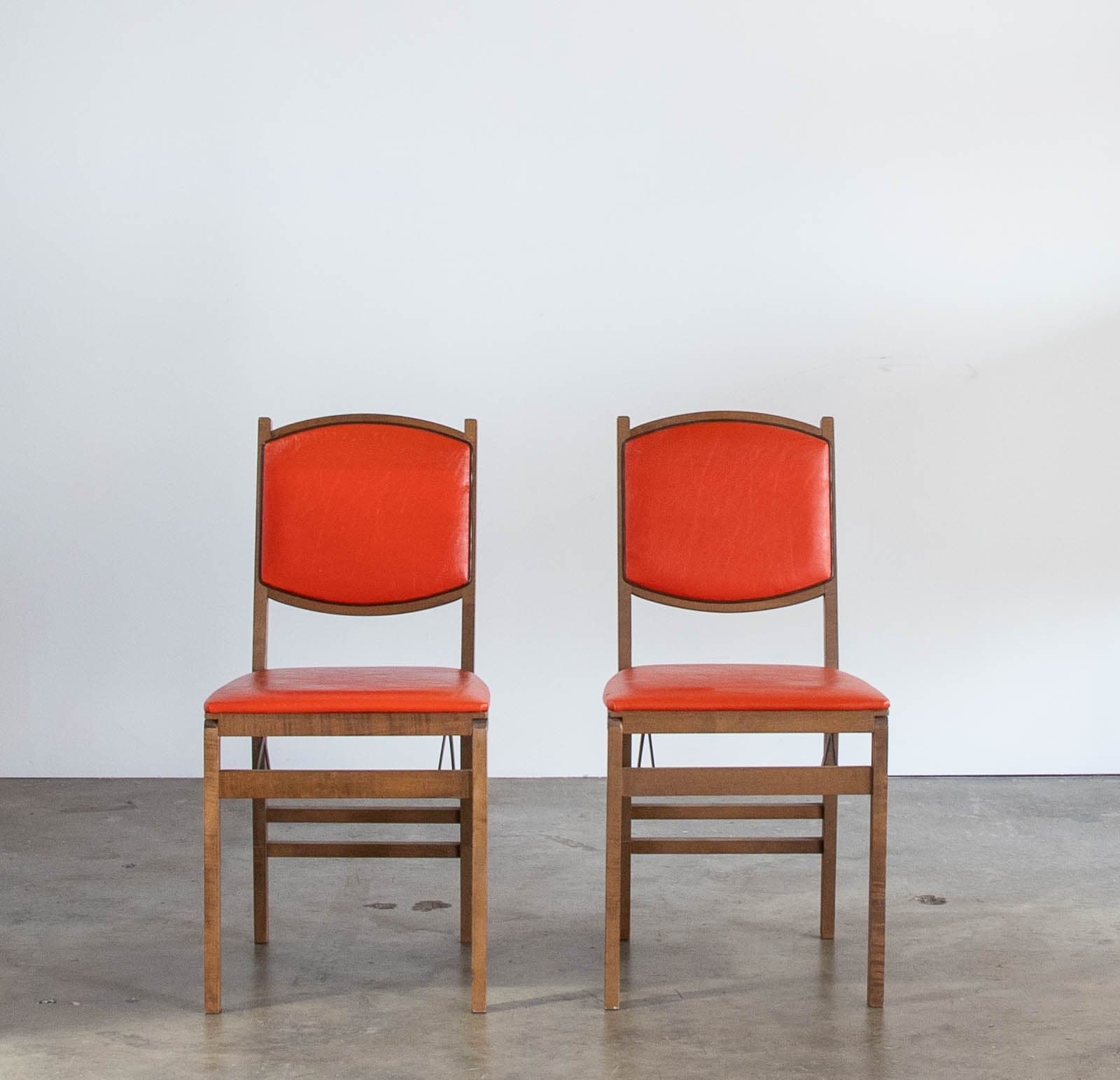 Vintage Mid-Century Stakmore Folding Chairs w/ Wood Frame & Cushioned Orange Seat (2 available) - Image 1
