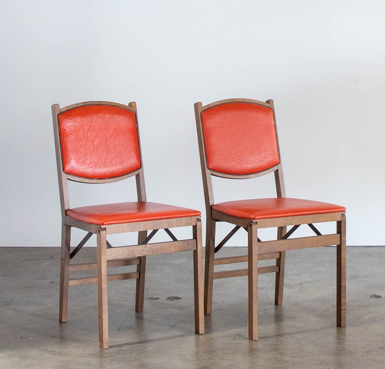 Vintage Mid-Century Stakmore Folding Chairs w/ Wood Frame & Cushioned Orange Seat (2 available) - Thumbnail 2