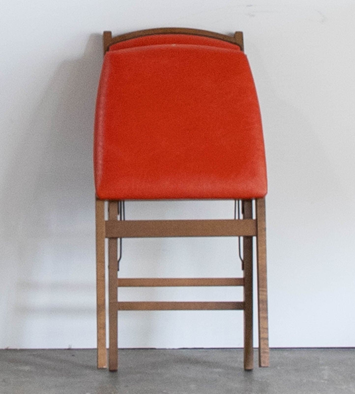 Vintage Mid-Century Stakmore Folding Chairs w/ Wood Frame & Cushioned Orange Seat (2 available) - Thumbnail 6