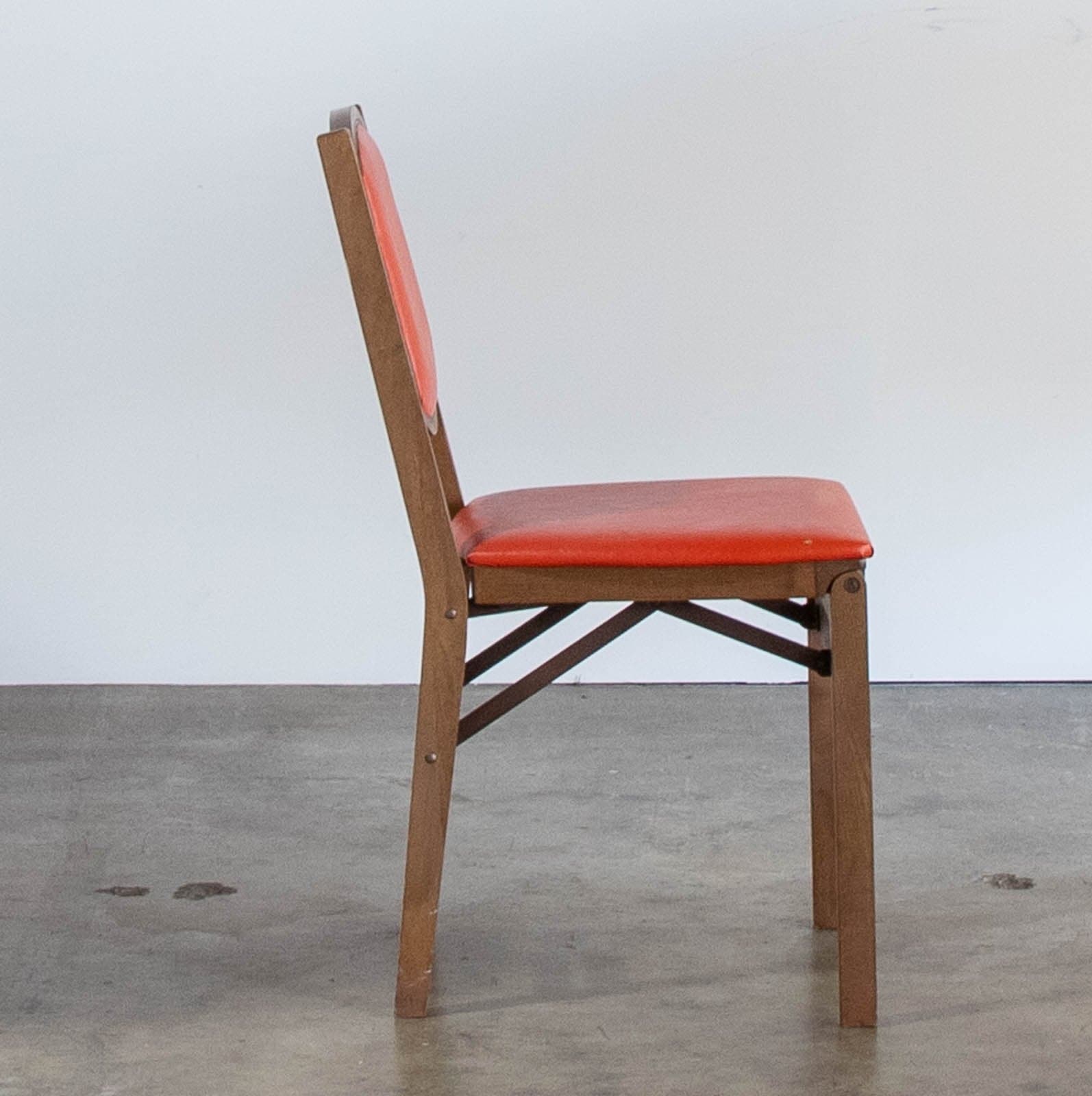 Vintage Mid-Century Stakmore Folding Chairs w/ Wood Frame & Cushioned Orange Seat (2 available) - Thumbnail 4