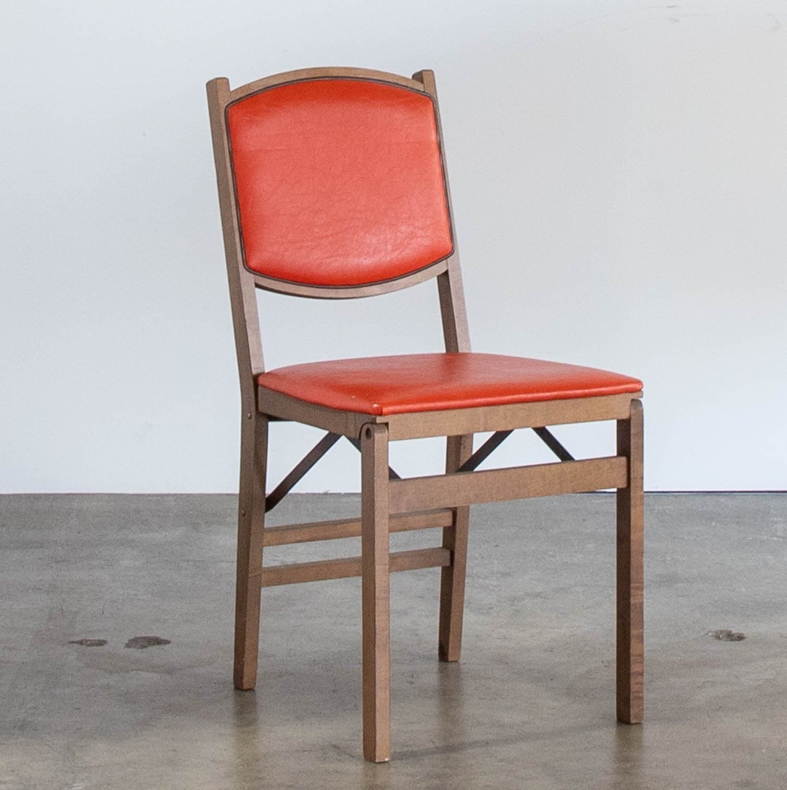 Vintage Mid-Century Stakmore Folding Chairs w/ Wood Frame & Cushioned Orange Seat (2 available) - Thumbnail 3