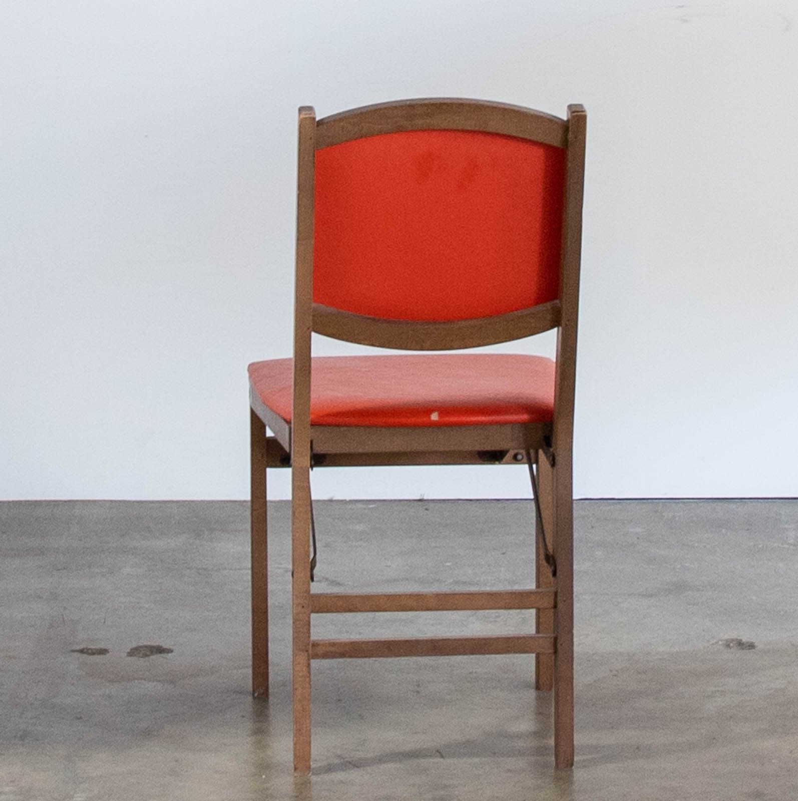 Vintage Mid-Century Stakmore Folding Chairs w/ Wood Frame & Cushioned Orange Seat (2 available) - Thumbnail 5