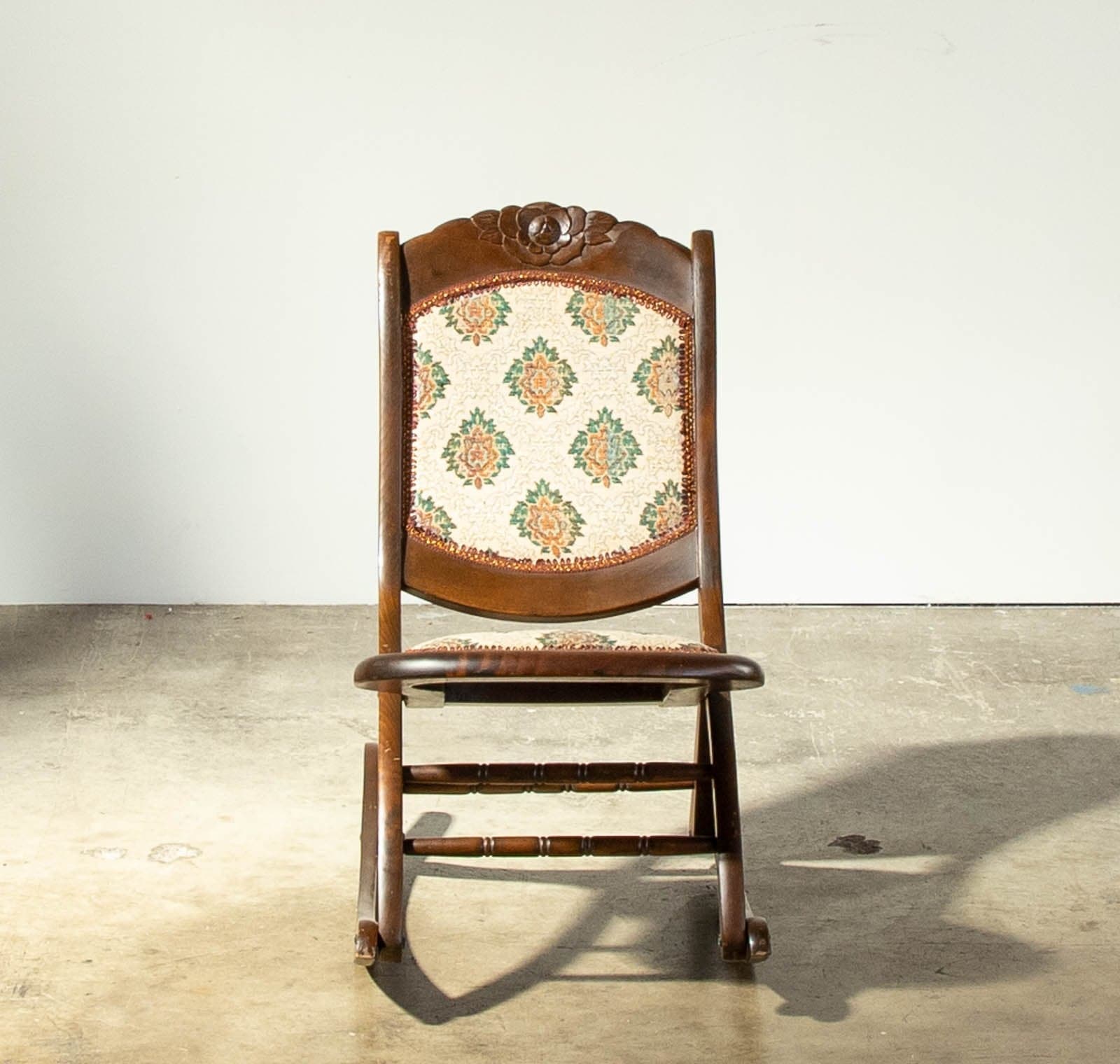 Mid Century Mahogany Finish Folding Rocking Chair with Fabric Covered Seat and Back - Image 1