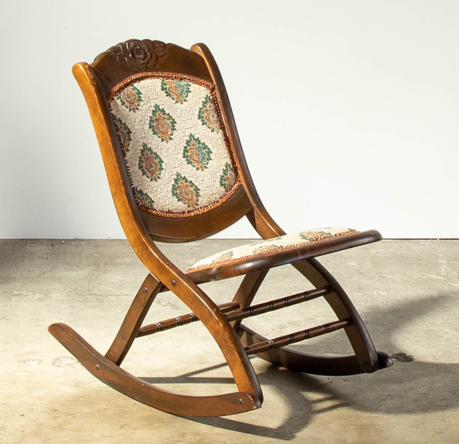 Mid Century Mahogany Finish Folding Rocking Chair with Fabric Covered Seat and Back - Thumbnail 2