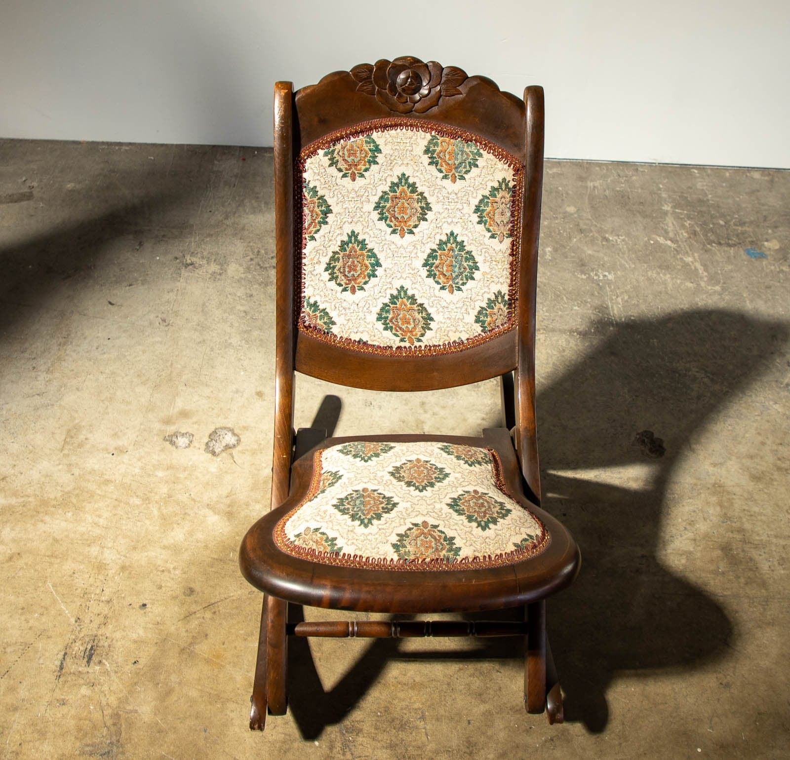 Mid Century Mahogany Finish Folding Rocking Chair with Fabric Covered Seat and Back - Thumbnail 5