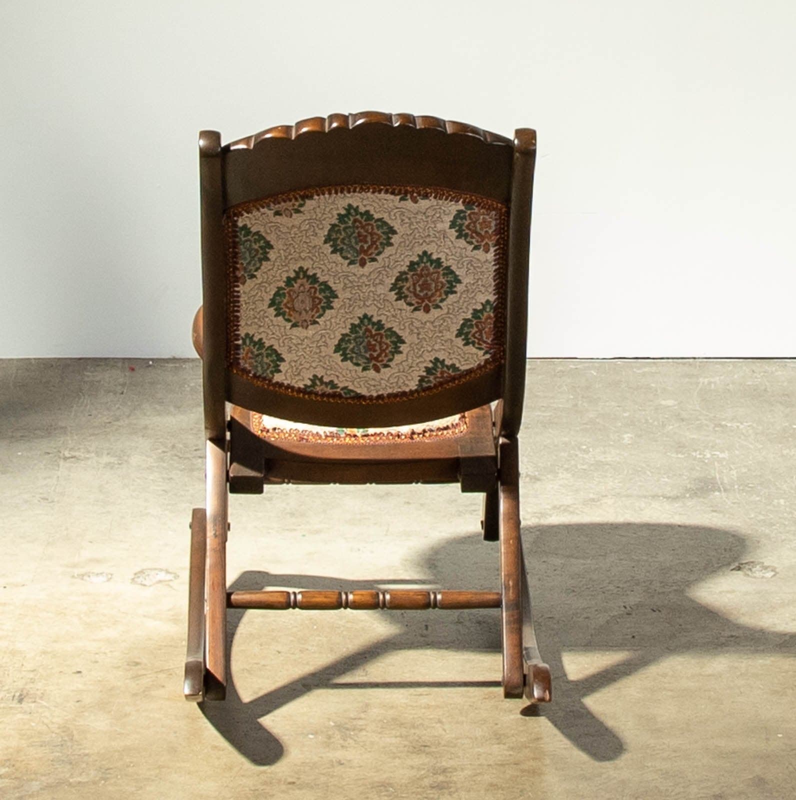 Mid Century Mahogany Finish Folding Rocking Chair with Fabric Covered Seat and Back - Thumbnail 4
