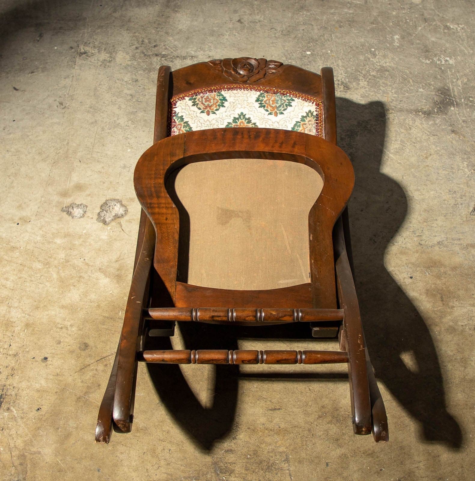 Mid Century Mahogany Finish Folding Rocking Chair with Fabric Covered Seat and Back - Thumbnail 6