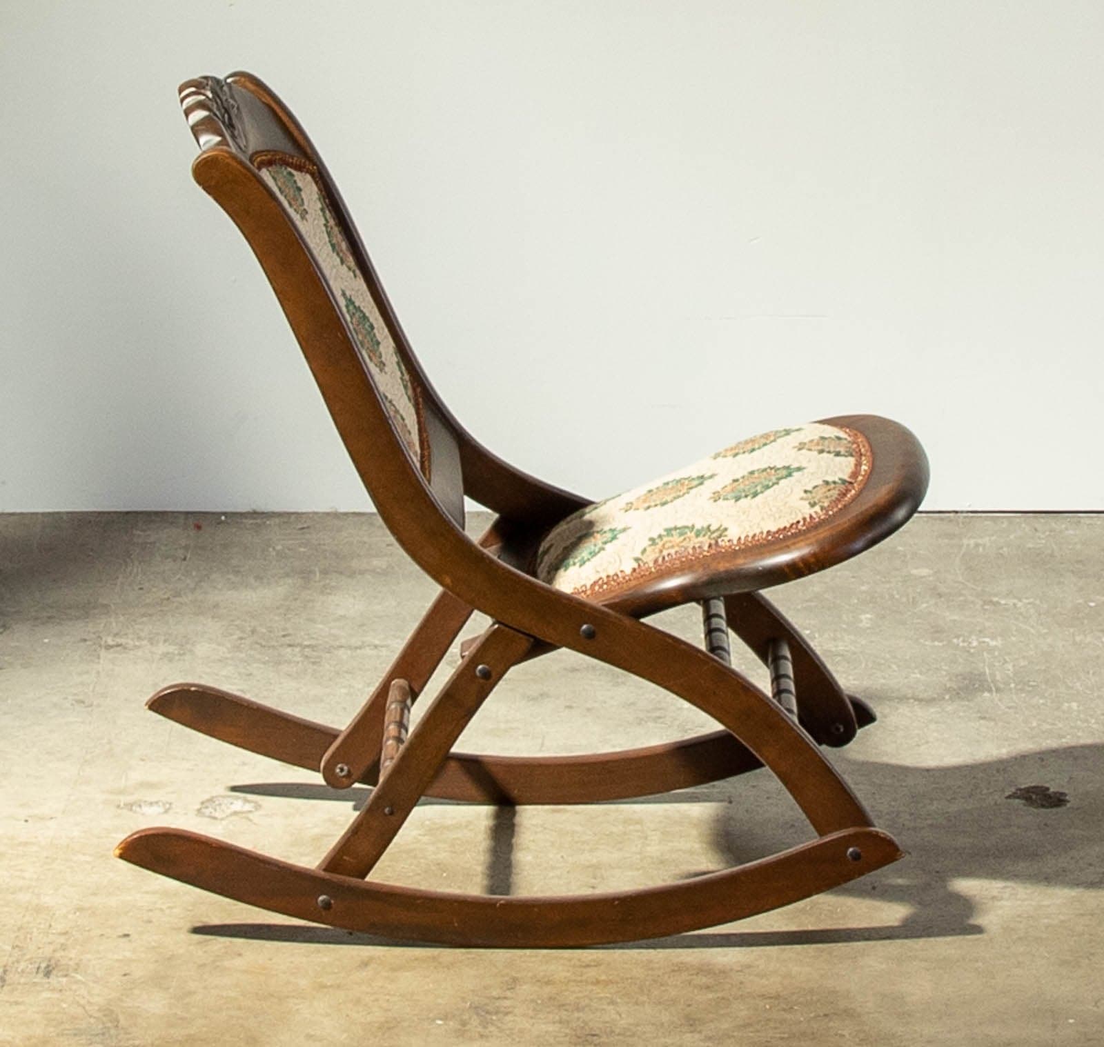 Mid Century Mahogany Finish Folding Rocking Chair with Fabric Covered Seat and Back - Thumbnail 3