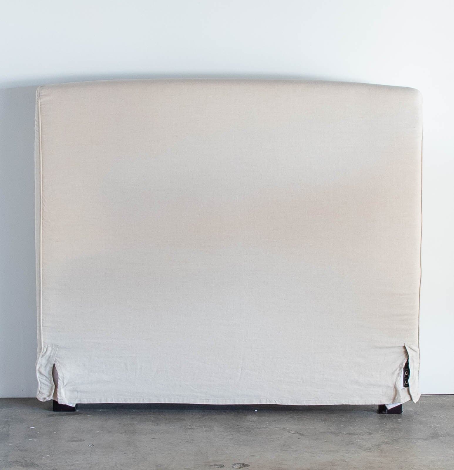 Pottery Barn Queen Sized Headboard with Oatmeal Fabric Cover and Matching Bedskirt