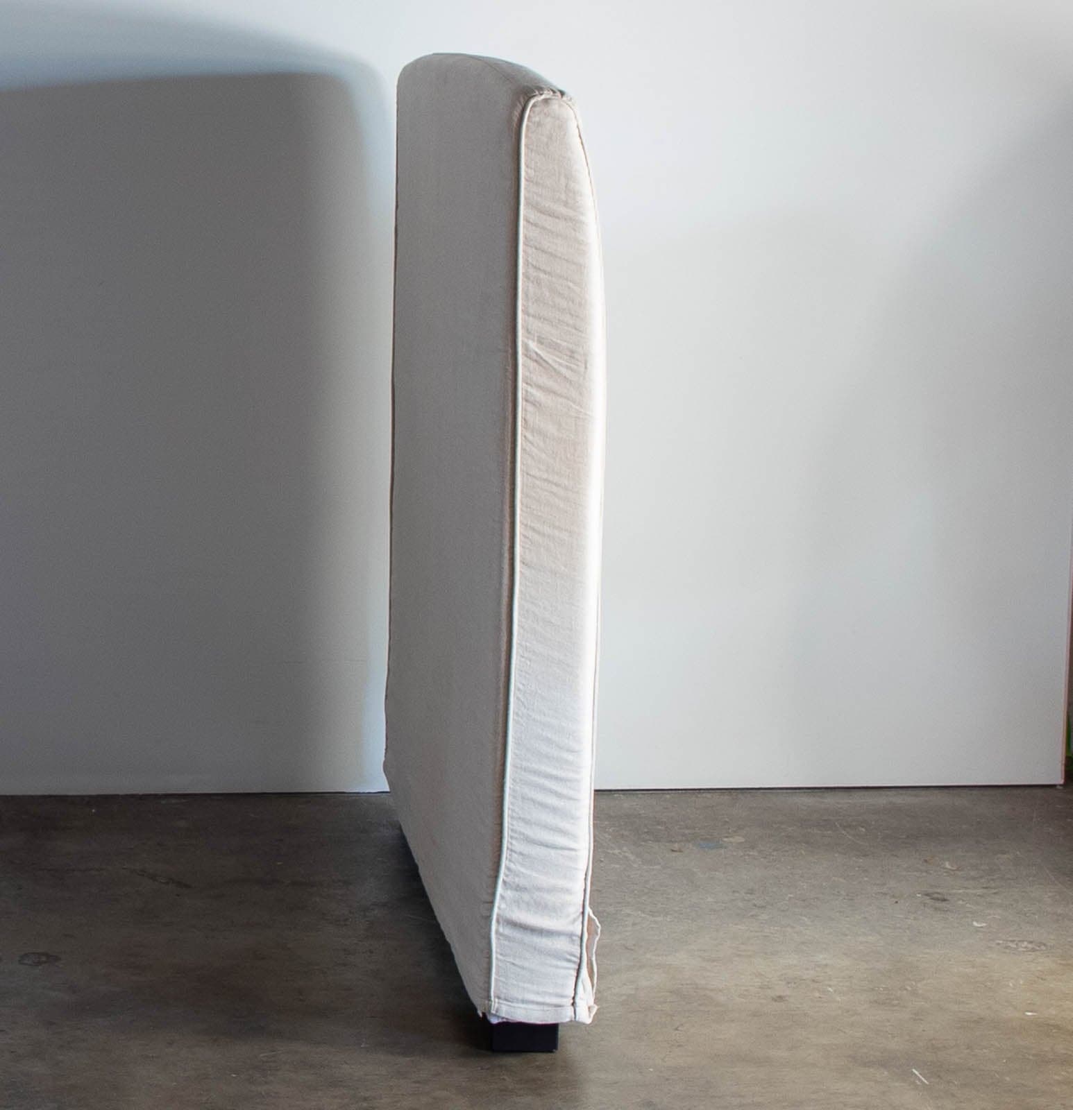 Pottery Barn Queen Sized Headboard with Oatmeal Fabric Cover and Matching Bedskirt - Thumbnail 3