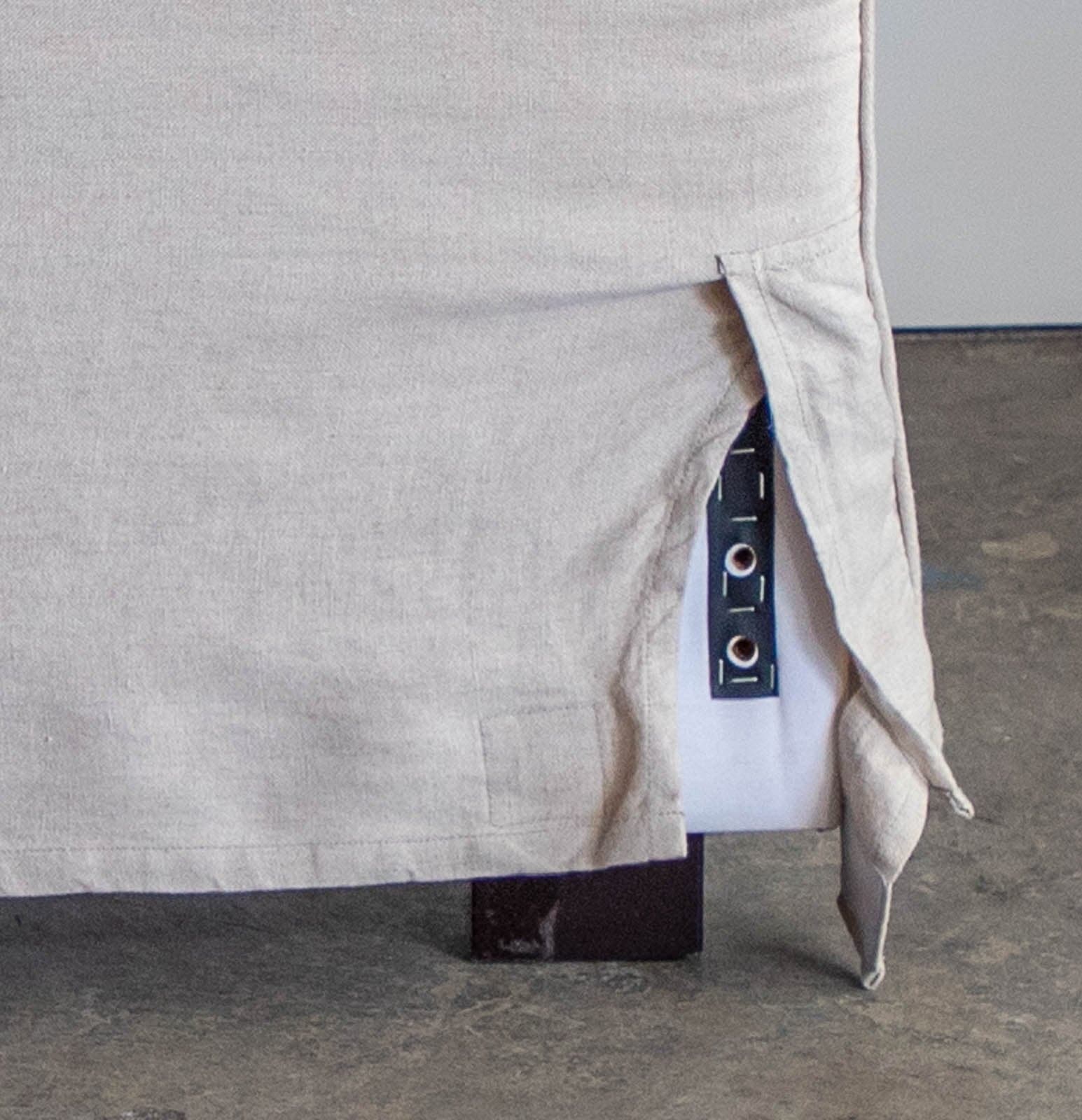 Pottery Barn Queen Sized Headboard with Oatmeal Fabric Cover and Matching Bedskirt - Thumbnail 4