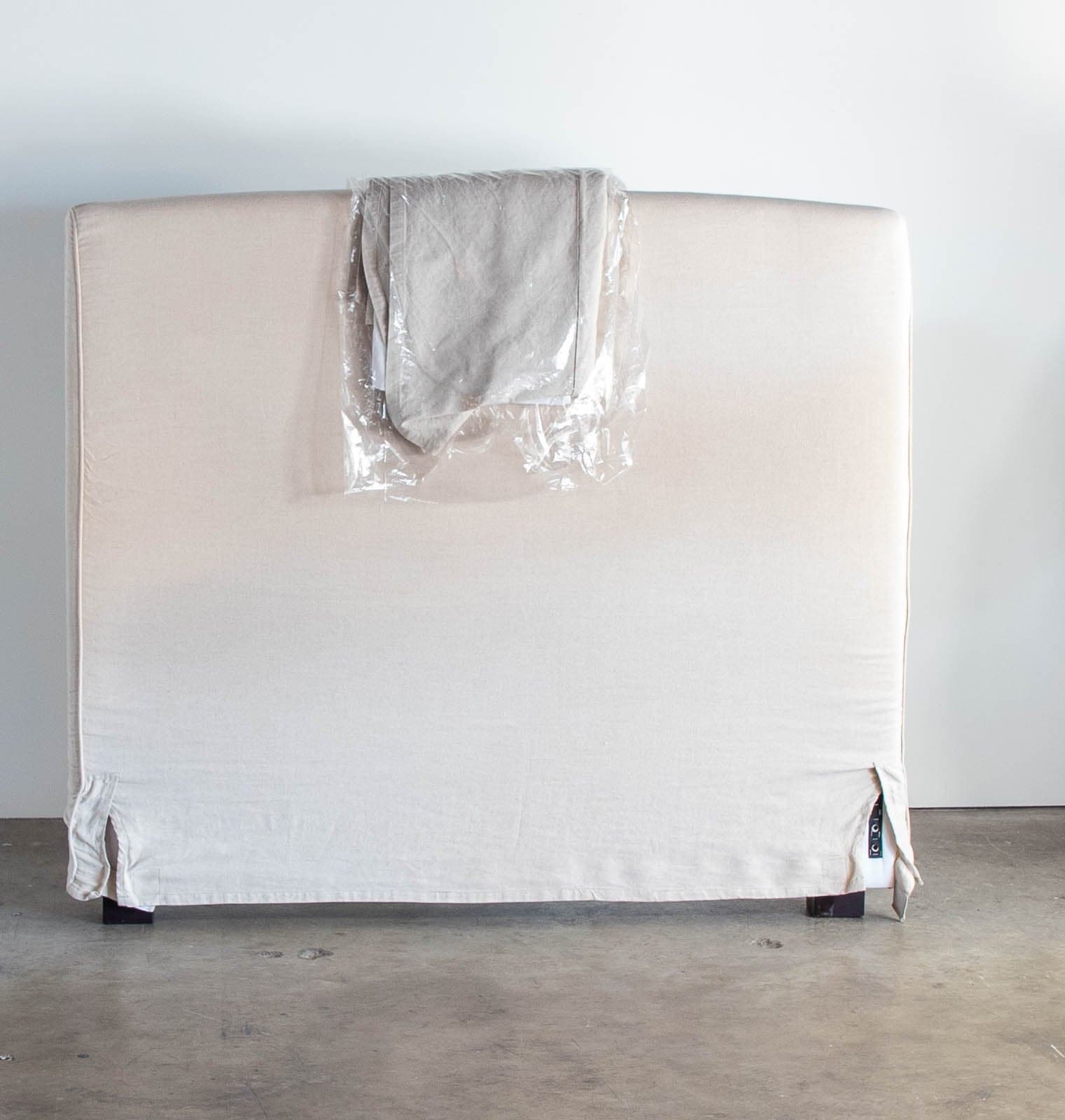 Pottery Barn Queen Sized Headboard with Oatmeal Fabric Cover and Matching Bedskirt - Thumbnail 5