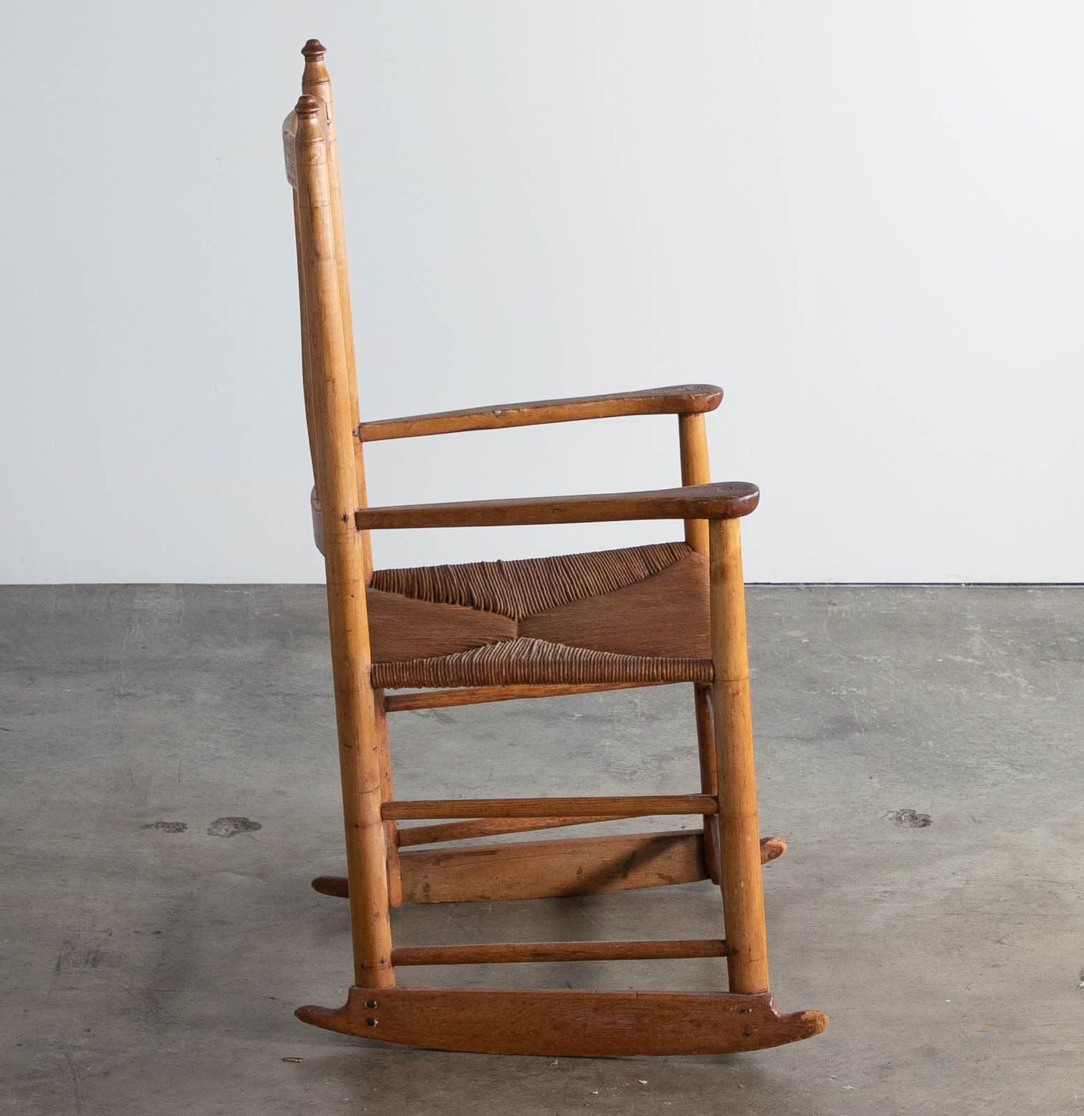 Vintage Wood Rocking Chair with Original Rush Seat - Thumbnail 2