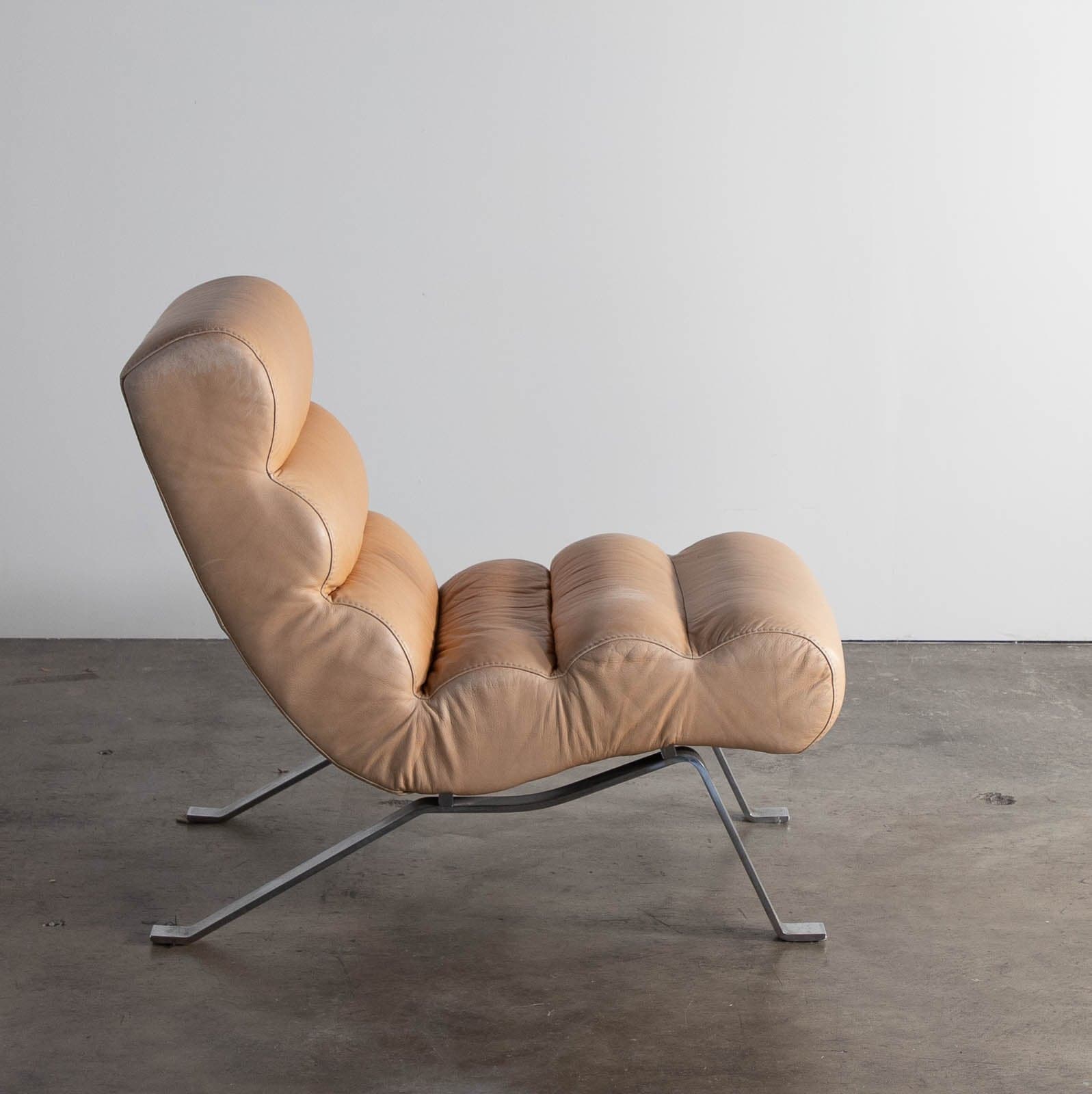 Vintage Tan Leather Armless Lounge Chair - Thumbnail 2