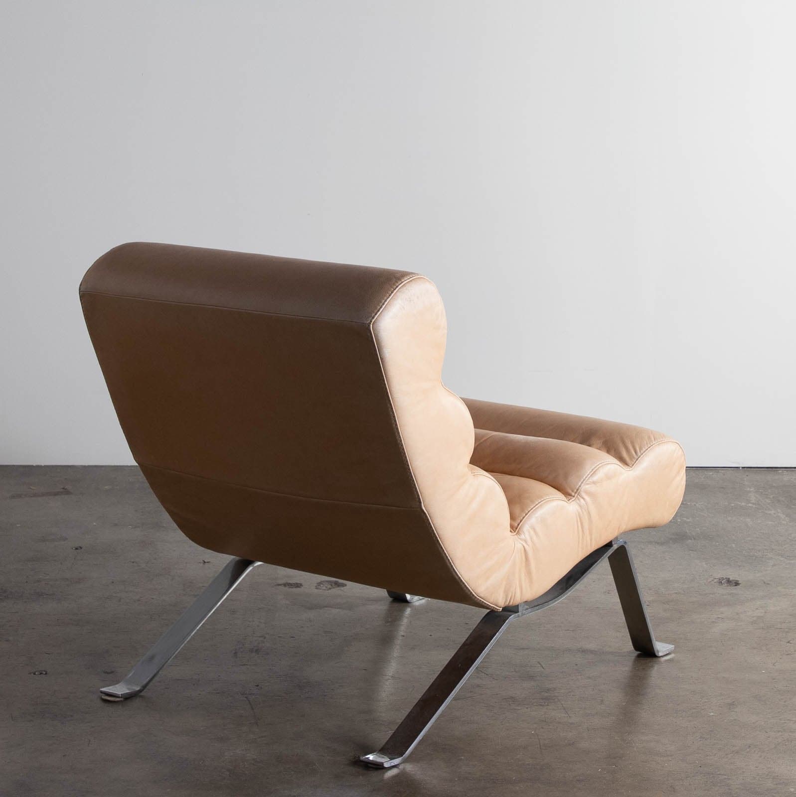 Vintage Tan Leather Armless Lounge Chair - Thumbnail 3